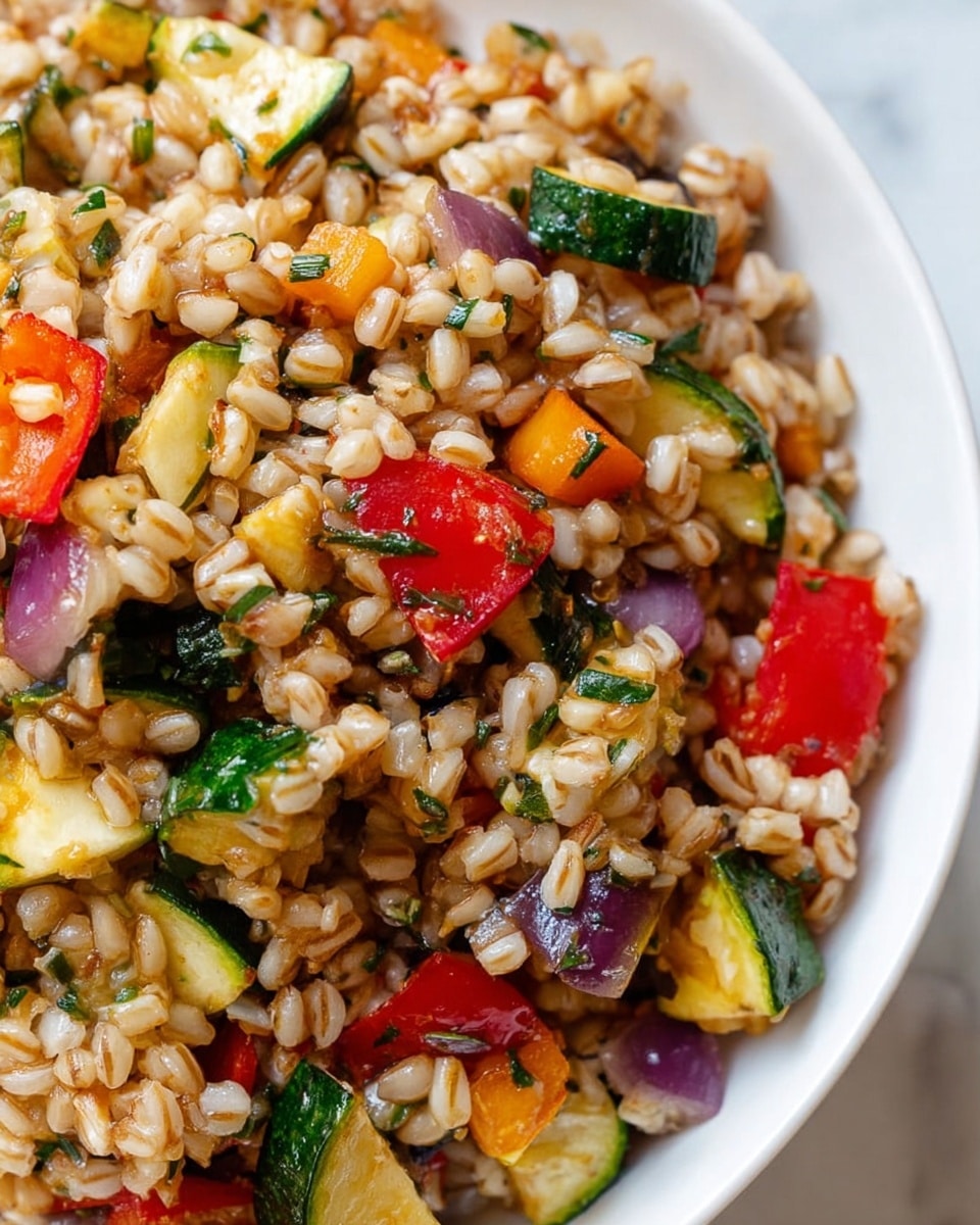 This close-up image shows a bowl of mixed cooked grains and vegetables. The dish has layers of large, shiny grains that are light brown and beige. Mixed through the grains are bright pieces of red bell pepper, light green and dark green chunks of zucchini, and bits of purple onion, all giving it a colorful and fresh look. Small flecks of green herbs are scattered throughout, adding texture and contrast. Everything is in a white bowl set on a white marbled surface. photo taken with an iphone --ar 4:5 --v 7