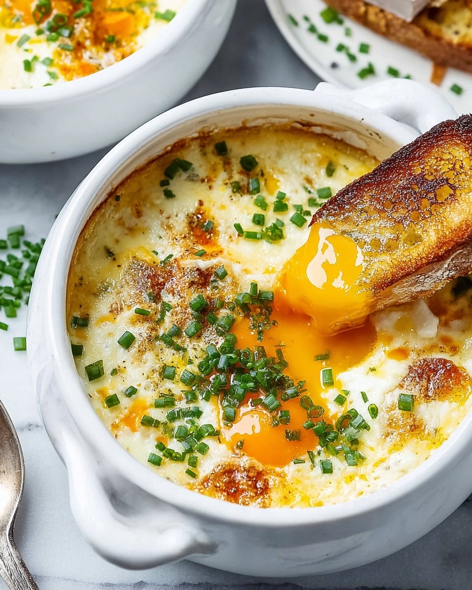 The image shows two white ceramic ramekins filled with a creamy baked egg dish topped with melted cheese and finely chopped green chives. The surface of the eggs is smooth with patches of golden brown from baking, and the yolks inside are a bright yellow-orange color, partially set but still soft. One ramekin has a piece of crusty toasted bread partially dipped into the egg mixture, with the toast showing a golden brown, crispy texture. The background is a white marbled surface with a small plate of additional chopped green chives partially visible. photo taken with an iphone --ar 4:5 --v 7