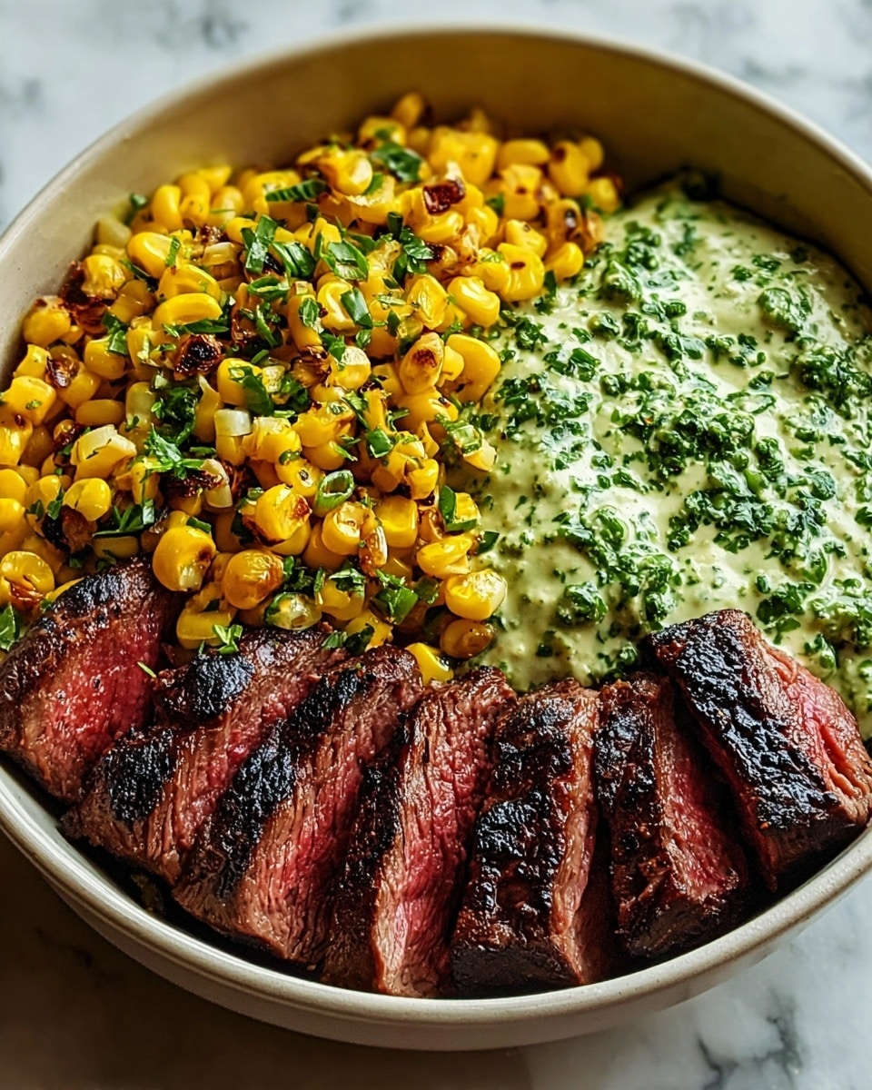 A white bowl filled with three main layers: on the left side, there are several pieces of sliced steak with dark brown grilled marks and a pink center, topped with small green herb bits; in the middle, a pile of bright yellow grilled corn kernels mixed with chopped green herbs; on the right side, a thick creamy green sauce with visible small patches of herbs, giving it a textured look. The bowl is placed on a white marbled surface. photo taken with an iphone --ar 4:5 --v 7