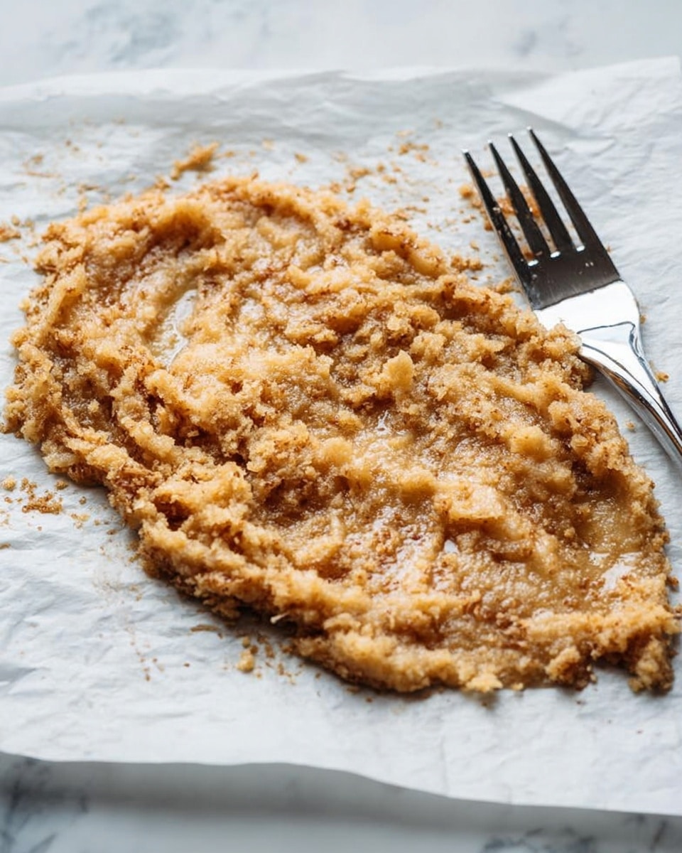 The image shows a golden-brown cooked peeled banana flat on white baking paper with a slightly glossy texture from caramelized sugar on top, revealing soft and slightly mashed sections with some visible grainy bits. The flat banana piece takes up most of the image and is placed diagonally, with soft ridges created by a fork across the surface. To the right side, a silver fork lies with its prongs facing the banana on the white marbled textured background. Photo taken with an iphone --ar 4:5 --v 7