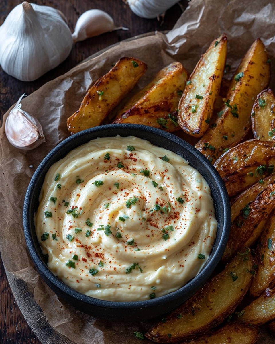 A close-up of a bowl filled with creamy, light beige dip garnished with small green herb pieces and a sprinkle of reddish-orange spice on top, showing a smooth swirled texture; the bowl is surrounded by crispy golden potato wedges with a rough, crunchy surface, all placed on a white marbled texture with a few garlic cloves nearby. photo taken with an iphone --ar 4:5 --v 7