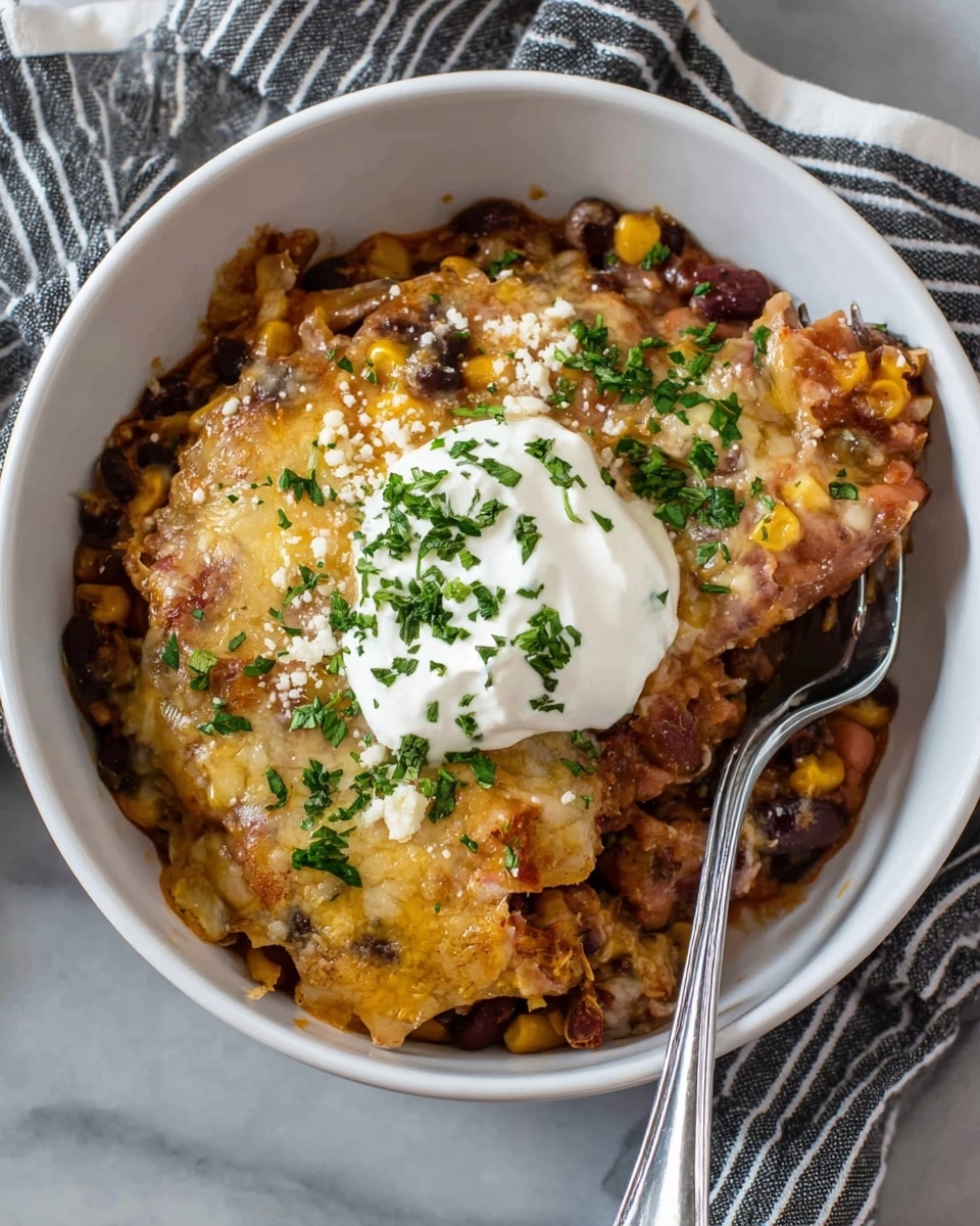 A white bowl filled with a baked dish showing at least three visible layers: the bottom layer is a mix of beans and possibly corn with a light texture, the middle layer contains folded tortillas or pasta sheets in a light brown sauce, and the top layer is covered with melted golden brown cheese with some darker toasted spots. The dish is topped with a dollop of white sour cream and sprinkled with green chopped herbs and grated cheese. A silver spoon is placed inside the bowl, resting on the right side. The bowl sits on a white marbled surface with a striped cloth nearby. Photo taken with an iphone --ar 4:5 --v 7