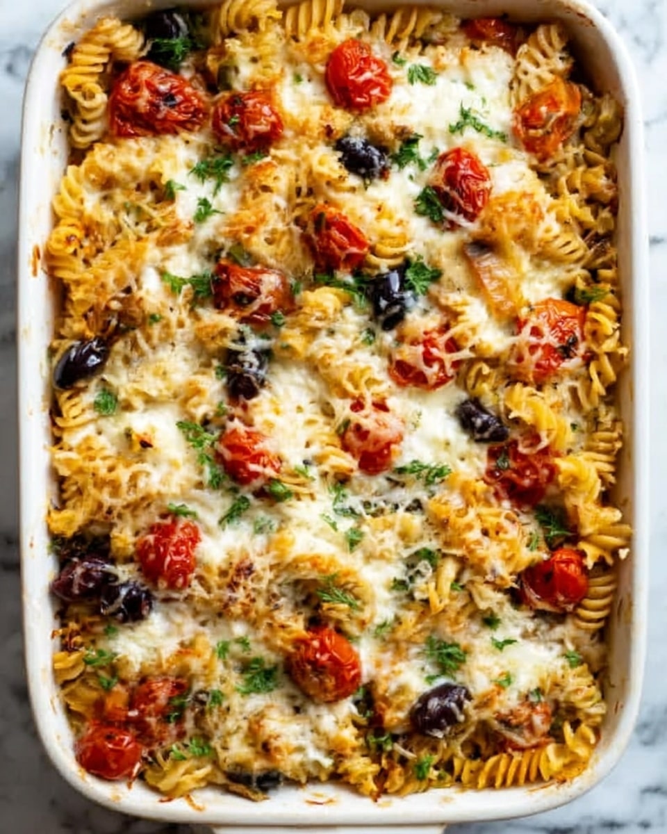 A white rectangular baking dish filled with a baked pasta dish consisting of spiral rotini pasta, topped with melted white cheese in uneven patches. The pasta is mixed with black olives, halved cherry tomatoes, and small green herb leaves scattered across the surface. The colors are mostly golden yellow from the pasta, white from the melted cheese, deep black from the olives, and bright red from the tomatoes. The dish looks rustic with a slightly browned texture on the pasta edges, all set against a white marbled surface. Photo taken with an iphone --ar 4:5 --v 7