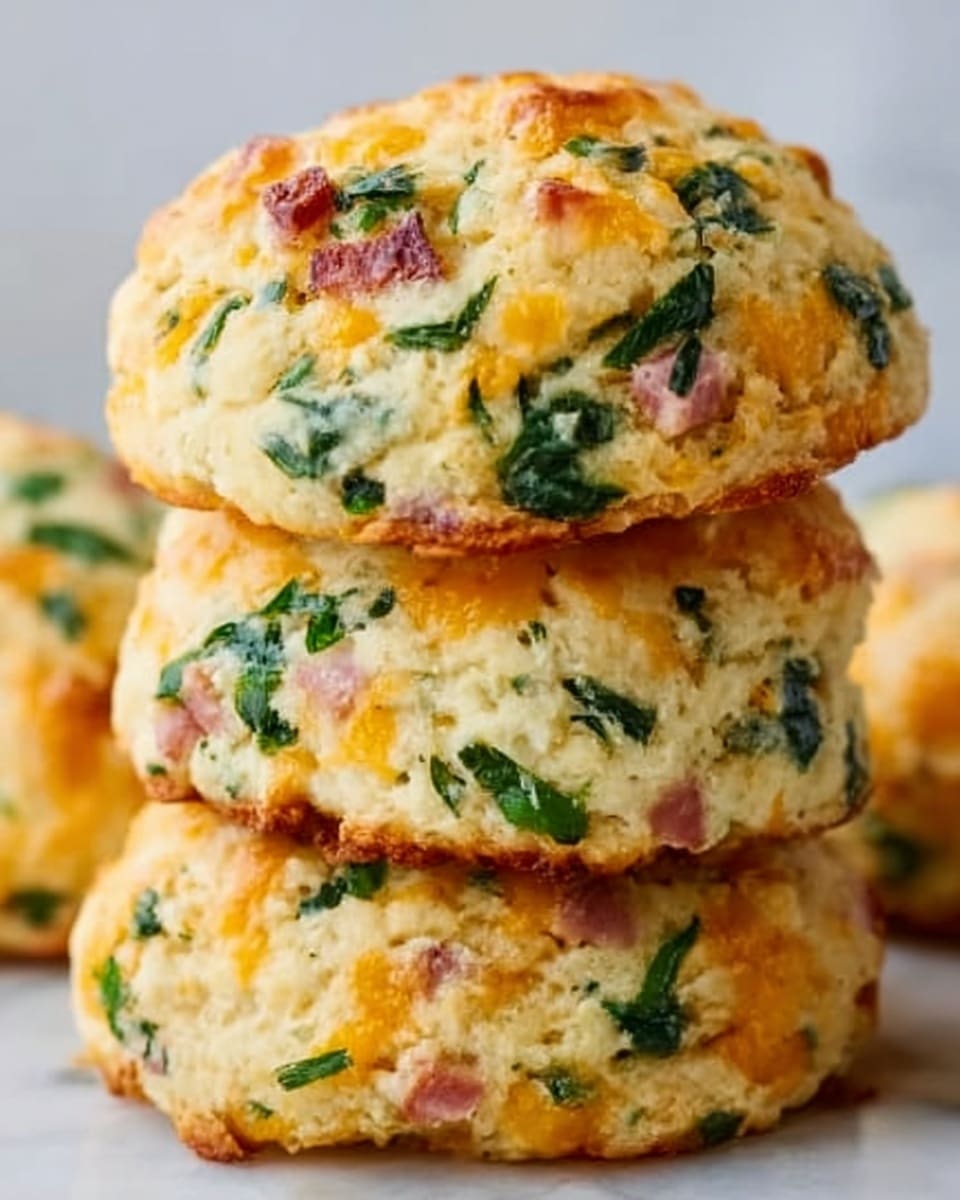 The image shows two thick, round savory scones stacked on top of each other on a white marbled surface. Each scone has a golden-brown crust with a slightly rough texture. The inside is light yellow with visible green spinach leaves, small pieces of pink ham, and melted orange cheese scattered throughout. The top scone reveals the colors and ingredients clearly, with a textured, slightly crispy outer layer. The lighting highlights the warm, fresh-baked look of the scones. Photo taken with an iphone --ar 4:5 --v 7