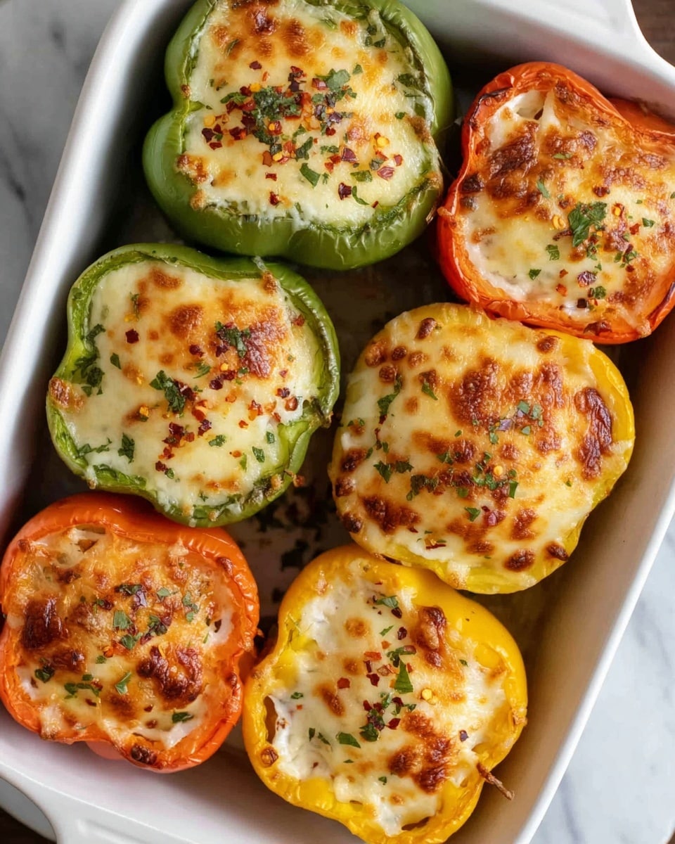 The image shows six stuffed bell pepper halves arranged closely in a baking dish with a white marbled texture underneath. Each pepper acts as a bowl with a thick outer green, yellow, or orange layer holding a creamy, slightly browned cheese filling that has a bubbly, melted texture. The cheese topping has golden patches with some light browning, sprinkled with small bits of green herbs and red chili flakes, adding visual texture and color contrast. The peppers' edges are lightly roasted, showing a soft, wrinkled texture. Photo taken with an iphone --ar 4:5 --v 7