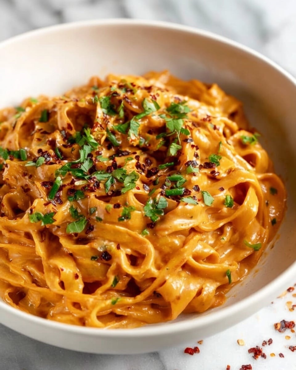 The dish shows a white bowl filled with creamy orange pasta coated in a smooth sauce. The pasta strands are thick and slightly twisted, layered evenly inside the bowl. The top layer is sprinkled with chopped green herbs and small bits of chopped garlic or nuts, adding texture and color contrast. Some red spice flakes are scattered around the bowl on a white marbled surface, enhancing the visual appeal. photo taken with an iphone --ar 4:5 --v 7