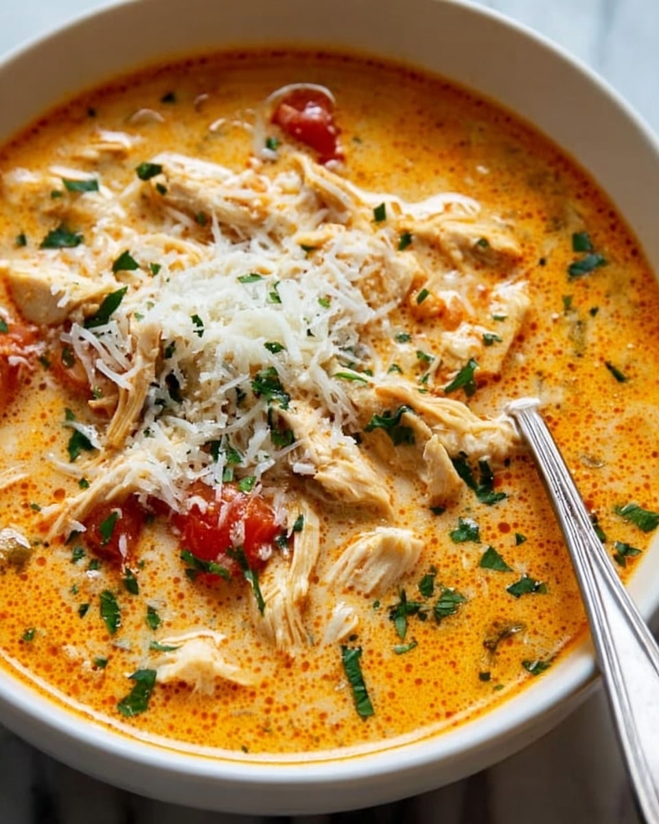 A white bowl filled with a creamy orange soup that has chunks of white chicken and small red tomato pieces throughout. On top, there is a layer of shredded white cheese and some green parsley sprinkled as garnish. A metal spoon is resting inside the bowl against the side. The background is a white marbled texture. photo taken with an iphone --ar 4:5 --v 7