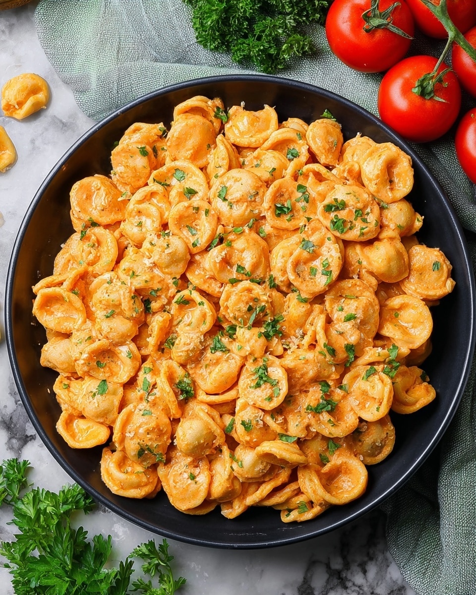 A close-up of a round pan filled with creamy orange-colored tortellini pasta. The pasta pieces are layered closely together, each showing a slightly curled shape with a soft texture coated evenly in a smooth, rich orange sauce. Small green herb leaves are sprinkled on top, adding a fresh contrast to the warm tones. The pan sits on a dark surface with some loose pasta pieces and ripe red tomatoes on green stems visible at the edges. A light gray cloth is partly seen to the left side. Photo taken with an iphone --ar 4:5 --v 7