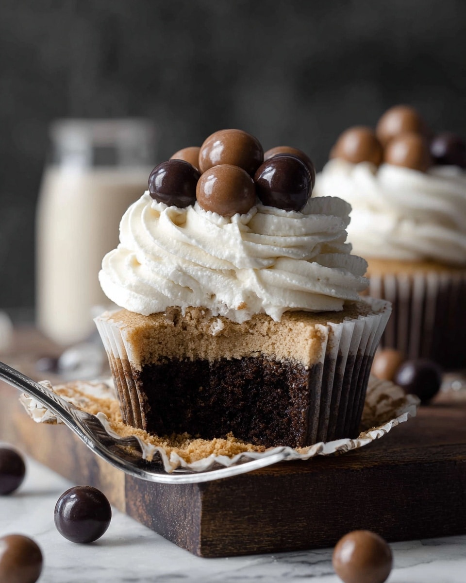 The image shows a cupcake with three layers: a dark brown cake base, a light brown creamy middle layer, and a thick, fluffy white cream on top with a soft texture. The white cream layer is decorated with small round chocolate balls in shades of dark and milk brown. The cupcake is in a white paper wrapper, opened at the front, revealing the layers inside. A metal fork is cutting into the cupcake from the left side. The cupcake sits on a rough-textured dark block, and there are more chocolate balls scattered around it. The background is a white marbled texture. Photo taken with an iphone --ar 4:5 --v 7