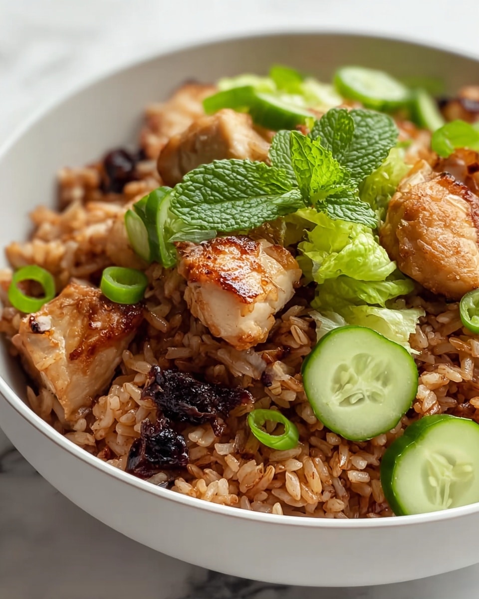 A close-up of a white bowl filled with cooked brown rice as the base layer, showing a slightly shiny and textured appearance. On top, there are pieces of golden-brown grilled chicken with a crispy outer layer and soft inside, placed unevenly across the rice. Scattered around are slices of fresh light green cucumber with a smooth surface, and small pieces of green lettuce leaves adding a fresh, leafy texture. Bright green chopped scallions and sprigs of fresh mint leaves are also scattered on top, adding small bursts of green color. The bowl sits on a white marbled surface. photo taken with an iphone --ar 4:5 --v 7