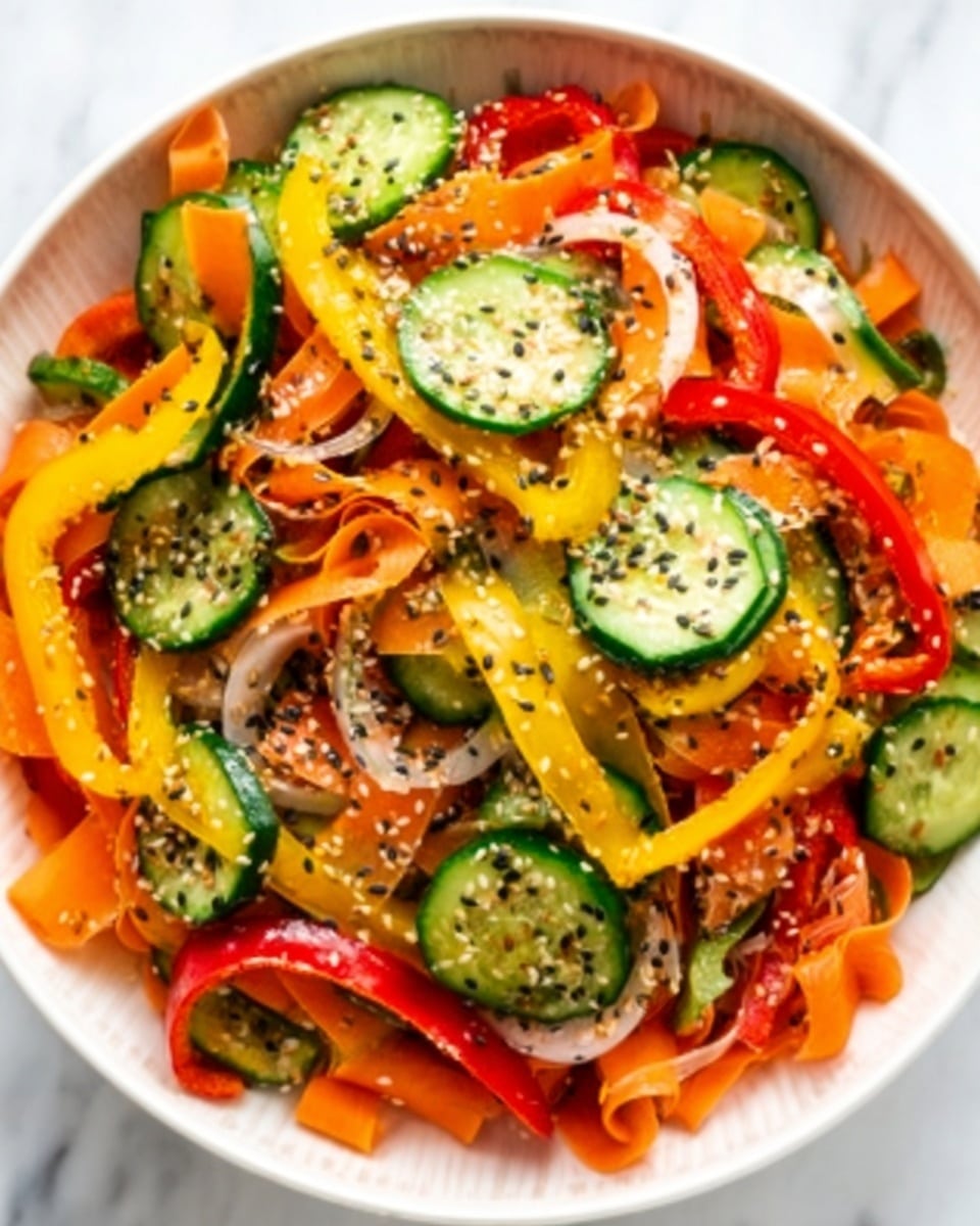 The image shows a colorful vegetable salad in a white bowl on a white marbled surface. The salad has thin slices of orange and yellow bell peppers forming the bottom layer, topped with round green cucumber slices spread evenly. There are bright red chili rings and small onion slices scattered on the top. The vegetables look fresh and shiny, with some black and white sesame seeds sprinkled all over for texture. The overall look is vibrant and fresh, with a mix of smooth and crunchy textures. Photo taken with an iphone --ar 4:5 --v 7