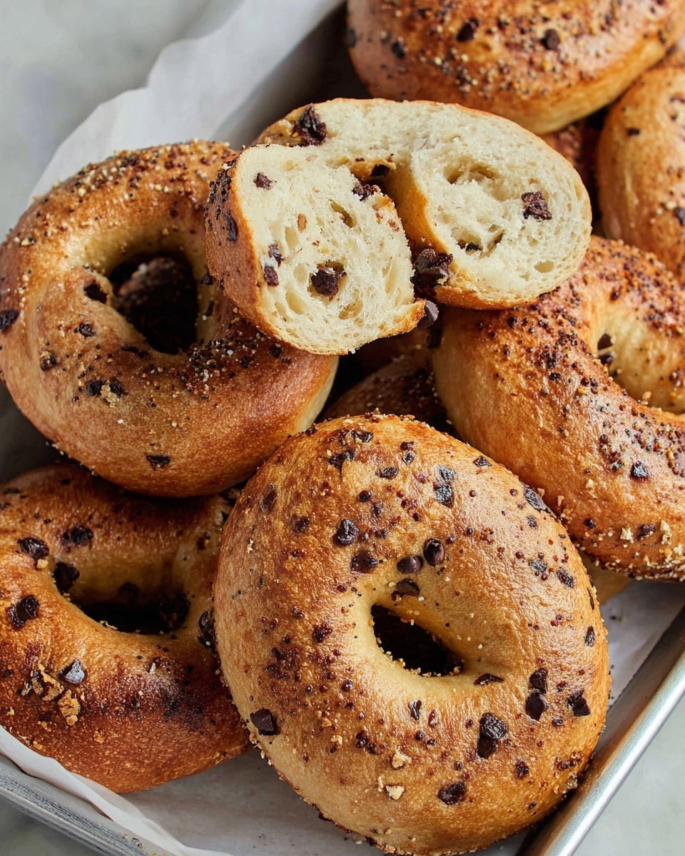 The image shows several golden brown bagels with a slightly shiny and textured crust, dotted with dark brown or black spots that appear to be chocolate chips or raisins. One bagel is whole and positioned in the front center, showing a well-rounded ring with a chewy texture and small air bubbles on the surface. There are two bagel halves placed on top of the pile, exposing the soft, light beige interior with evenly scattered dark chips inside. The bagels rest closely together on a white parchment paper-lined silver tray, all placed on a white marbled texture surface. Photo taken with an iphone --ar 4:5 --v 7