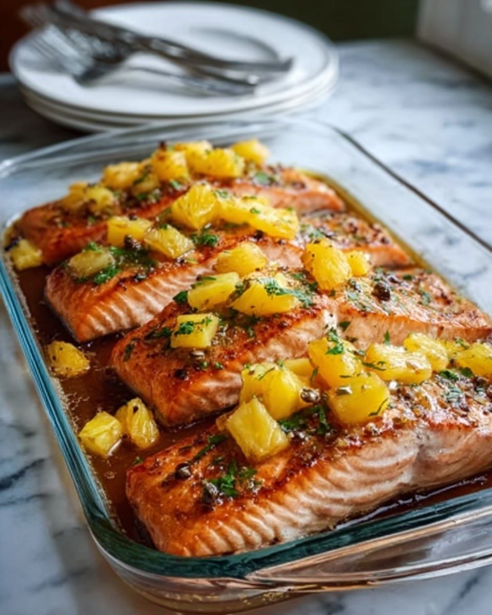 A glass rectangular baking dish holds a cooked salmon fillet with a slightly crispy, golden brown top layer showing grill marks. On top of the salmon are several chunks of bright yellow pineapple and small green herb leaves, likely chopped cilantro or parsley, scattered evenly. The dish has a shiny, glazed look from a sauce coating the salmon and pooling slightly around the edges. The background surface is a white marbled texture. Photo taken with an iphone --ar 4:5 --v 7