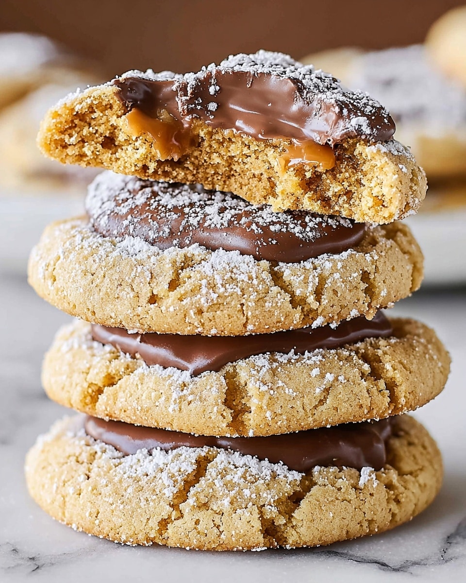 A stack of four cracked golden brown cookies dusted with white powdered sugar sits on a white marbled surface. The top cookie is broken in half and placed above the second cookie, revealing a soft, crumbly texture with a layer of smooth milk chocolate spread on top. Each cookie is thick, with the chocolate spread peeking out between the cookie layers, adding a glossy dark brown contrast to the matte powdered surface. The overall look is soft and inviting with a mix of rough cookie edges and smooth chocolate. photo taken with an iphone --ar 4:5 --v 7