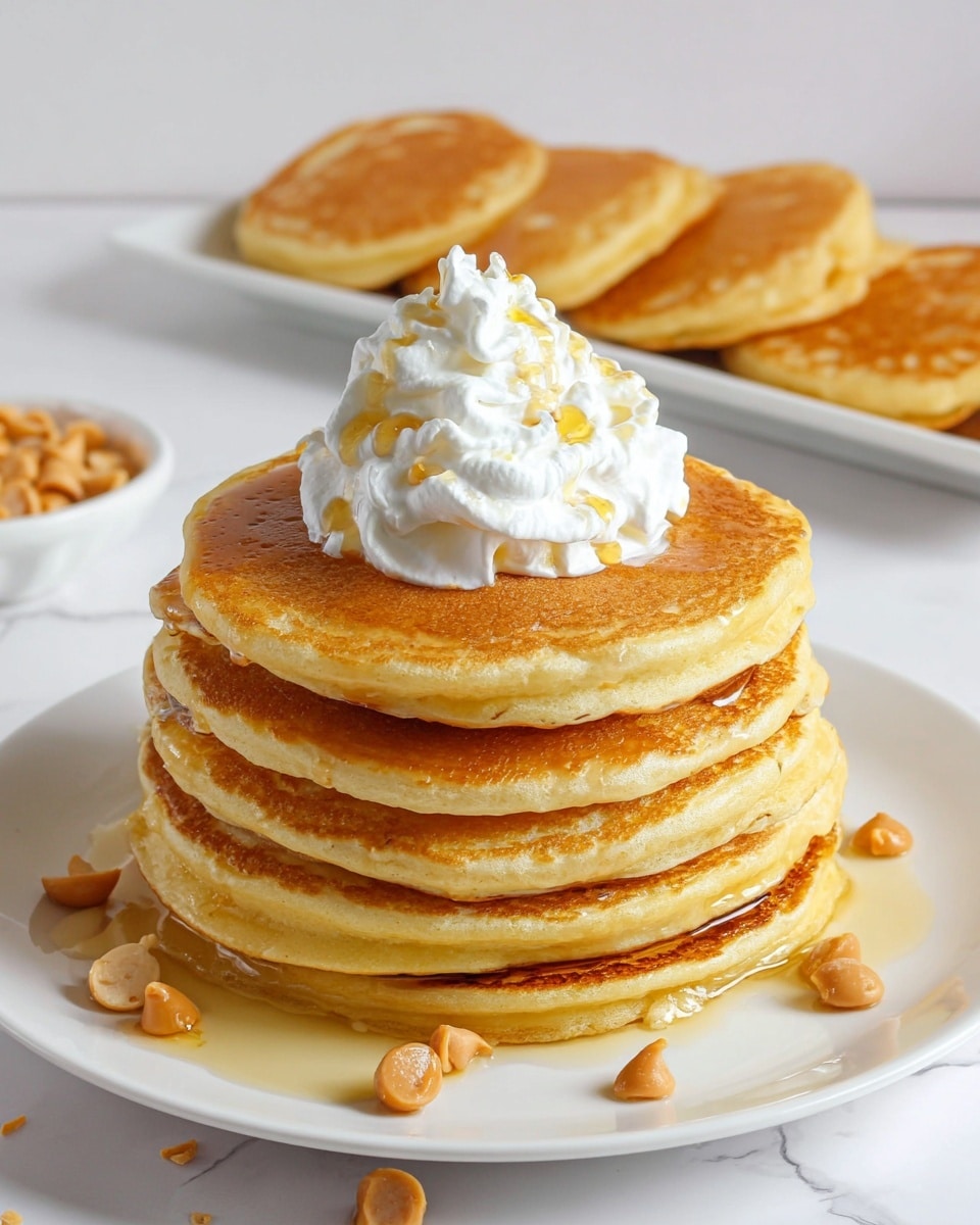 A tall stack of six golden-brown pancakes sits on a white plate, each pancake soft and fluffy with slightly uneven edges. The pancakes are covered with a light drizzle of syrup that pools at the plate’s base, surrounded by scattered light brown butterscotch chips. On top of the stack is a big dollop of whipped cream with syrup drizzled over it. In the background, six more golden pancakes lay flat in a white rectangular dish. The whole scene is set on a white marbled surface. photo taken with an iphone --ar 4:5 --v 7