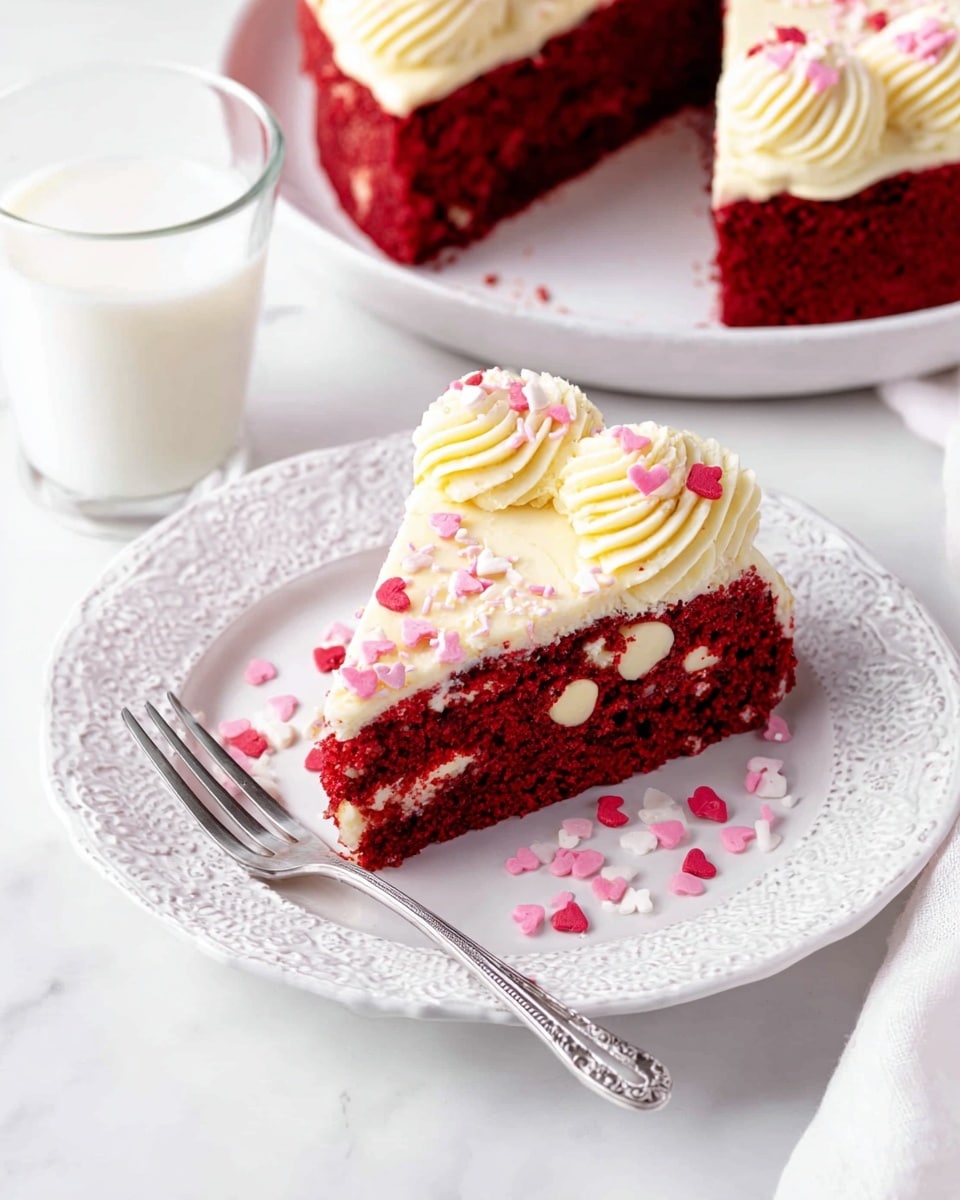 A slice of red velvet cake sits on a white plate with delicate embossed edges, showing two layers: the deep red cake mixed with white chocolate chips inside, topped with a thick swirl of creamy white frosting dotted with small pink, white, and red sprinkles at the top edge. The background is a white marbled texture, with a glass of white milk nearby, and a silver fork resting on the plate beside the cake slice, with some tiny pink heart-shaped sprinkles scattered around. Photo taken with an iphone --ar 4:5 --v 7