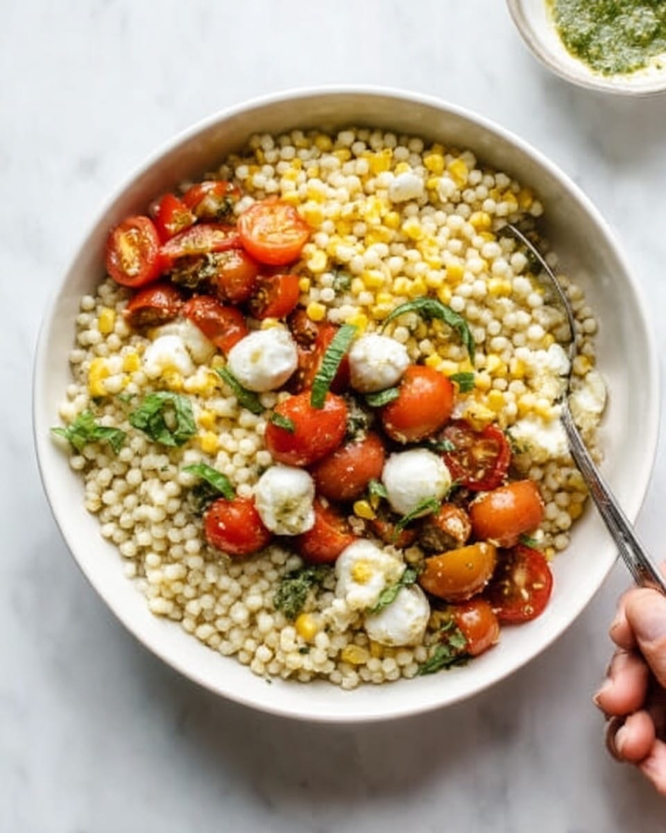 A white bowl filled with a colorful salad made of small, round pasta pearls, bright yellow corn, fresh green herbs, and small white mozzarella balls. Scattered on top are pieces of red cherry tomatoes cut in halves, all mixed together creating a fresh, textured look. Near the bowl, a silver spoon lies on a white marbled surface, and a woman's hand is reaching from the side holding the bowl. Photo taken with an iphone --ar 4:5 --v 7
