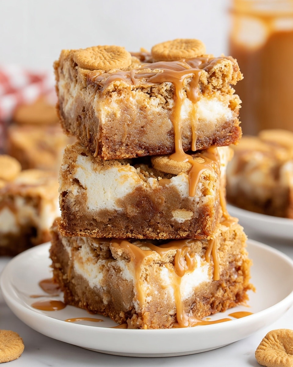 A stack of three thick square dessert bars on a white plate sitting on a white marbled surface, each bar having a textured golden-brown cookie base mixed with gooey chocolate chips. The top of each bar shows textured peanut butter cookie pieces, with melted golden caramel dollops drizzled on top and sides. The middle bar has a layer of white cream cheese that contrasts with the light brown cookie layers. In the background, blurred bars and a jar can be seen. photo taken with an iphone --ar 4:5 --v 7