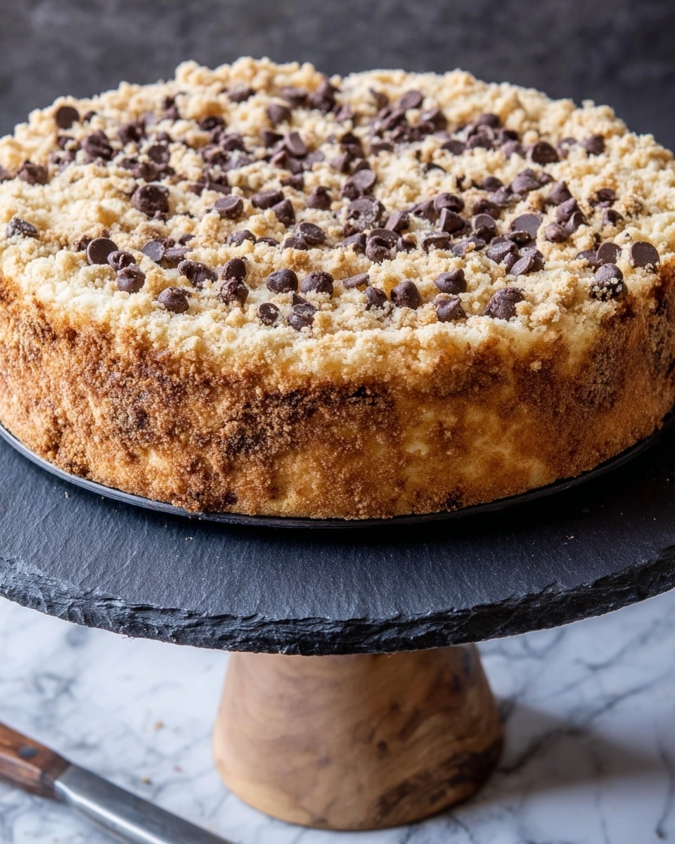A thick, round crumb cake sits on a dark slate cake stand with a wooden base, showing a textured, golden-brown crumb crust all around its sides and top. The top layer is uneven with a crumbly texture sprinkled generously with small, dark chocolate chips, creating contrast against the light, buttery crumb topping. The cake's surface looks soft and dense inside the crumb crust. The background is a white marbled surface with a metal spatula and sifter nearby. Photo taken with an iphone --ar 4:5 --v 7