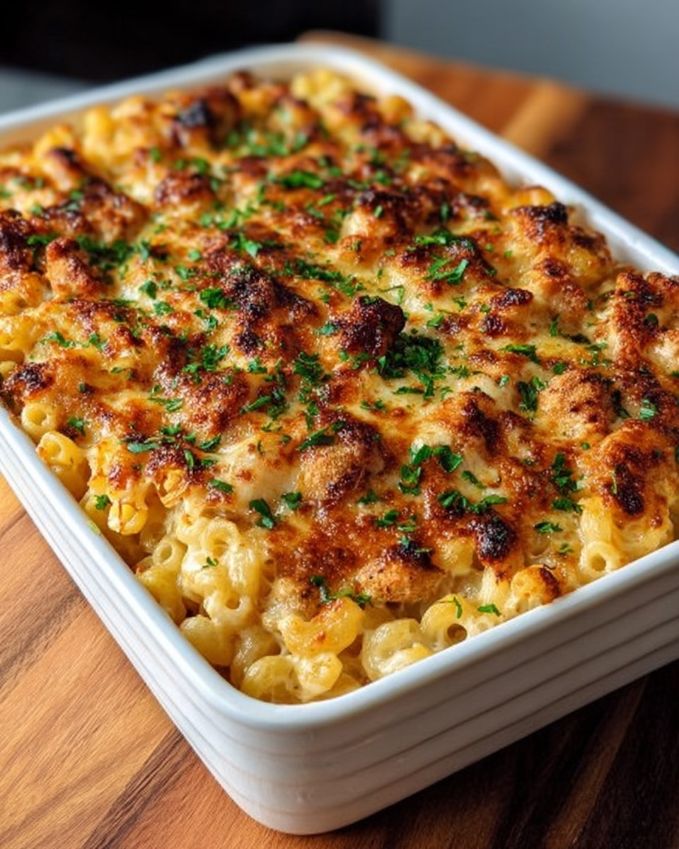 A white rectangular baking dish filled with baked macaroni and cheese topped with browned, crispy pieces of chicken scattered evenly across the surface. The macaroni is covered in a creamy, golden-orange cheese sauce with a slightly bubbly and browned texture near the chicken pieces. Chopped green herbs are sprinkled on top for color and freshness. The dish sits on a wooden surface with the background softly blurred. photo taken with an iphone --ar 4:5 --v 7