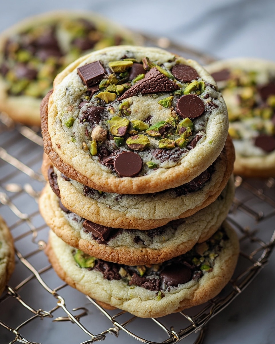 A close-up of five round cookies stacked on a silver wire rack with a white marbled texture in the background. Each cookie has two layers: a thick golden-brown outer edge that is crispy and a lighter, slightly cracked center with a soft texture. The center is filled with dark brown melted chocolate chips and small chopped green pistachio nuts sprinkled on top, creating a mix of smooth, crunchy, and nutty textures. The cookies look freshly baked with a slight shine on the chocolate chips. photo taken with an iphone --ar 4:5 --v 7