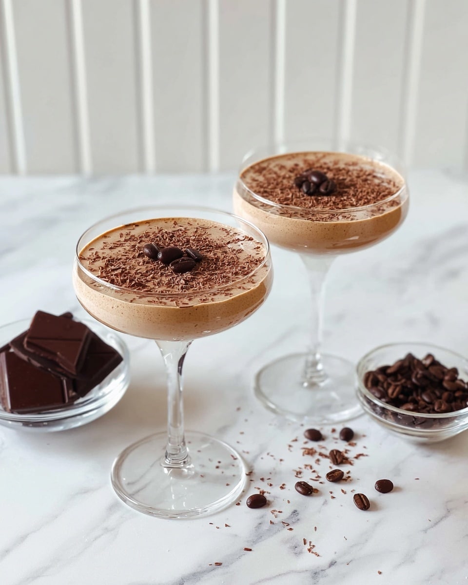 Two clear glass coupe glasses hold a smooth, light brown mousse filled to the top, each topped with chocolate shavings and three dark brown coffee beans arranged in the center. The glasses stand on a white marbled surface with a strip of beige in the middle. To the left is a small clear glass bowl with pieces of dark chocolate squares, and scattered dark brown coffee beans lie on the right side of the surface. The white paneled wall behind adds a clean background. photo taken with an iphone --ar 4:5 --v 7