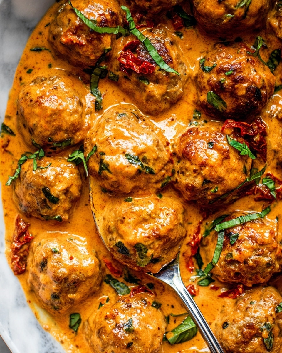 The image shows many meatballs covered in a thick, creamy orange sauce with herbs and spices mixed in. The meatballs are round, slightly browned with a smooth texture. There are pieces of sun-dried red tomatoes and small green basil leaves scattered throughout the sauce, adding bursts of red and green color. A silver spoon is partially covered by the sauce among the meatballs. The background is a white marbled surface. photo taken with an iphone --ar 4:5 --v 7