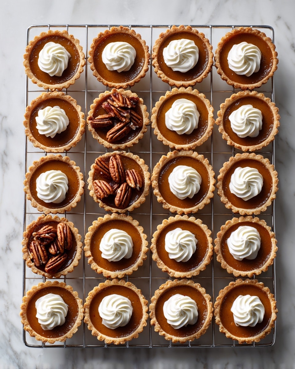 The image shows twenty-four small tartlets arranged in four rows of six on a metal cooling rack over a white marbled surface. Each tartlet has a crimped, light golden-brown crust filled with a smooth, darker brown pumpkin or sweet potato filling. On top of the filling, there is a swirl of white whipped cream in the center of each tartlet, and some tartlets are decorated with a small cluster of pecans on one side of the whipped cream. The overall look is neat, with the tartlets uniformly sized and spaced evenly across the cooling rack. photo taken with an iphone --ar 4:5 --v 7