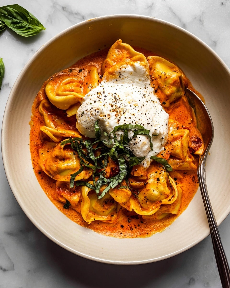 The dish shows a white bowl filled with about three layers of tortellini pasta coated in a thick, rich orange-red sauce. On top of the pasta, there is a generous dollop of white creamy cheese covered with a light sprinkle of black pepper. Fresh dark green basil strips are placed over the sauce near the center of the bowl, adding a fresh look. A silver spoon rests inside the bowl on the right side. The bowl is set on a white marbled surface. Photo taken with an iphone --ar 4:5 --v 7