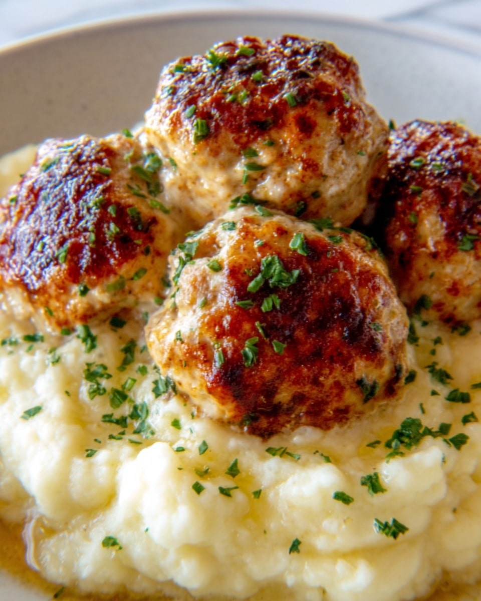 The image shows four golden-brown meatballs sitting on a bed of creamy white mashed potatoes. The meatballs have a crispy, slightly shiny surface with red and brown spots, indicating they are well-cooked and seasoned. The mashed potatoes look smooth and soft, covering the whole bottom of the round white plate. Small green parsley pieces are sprinkled on top of the meatballs and mashed potatoes, adding a touch of color. Photo taken with an iphone --ar 4:5 --v 7
