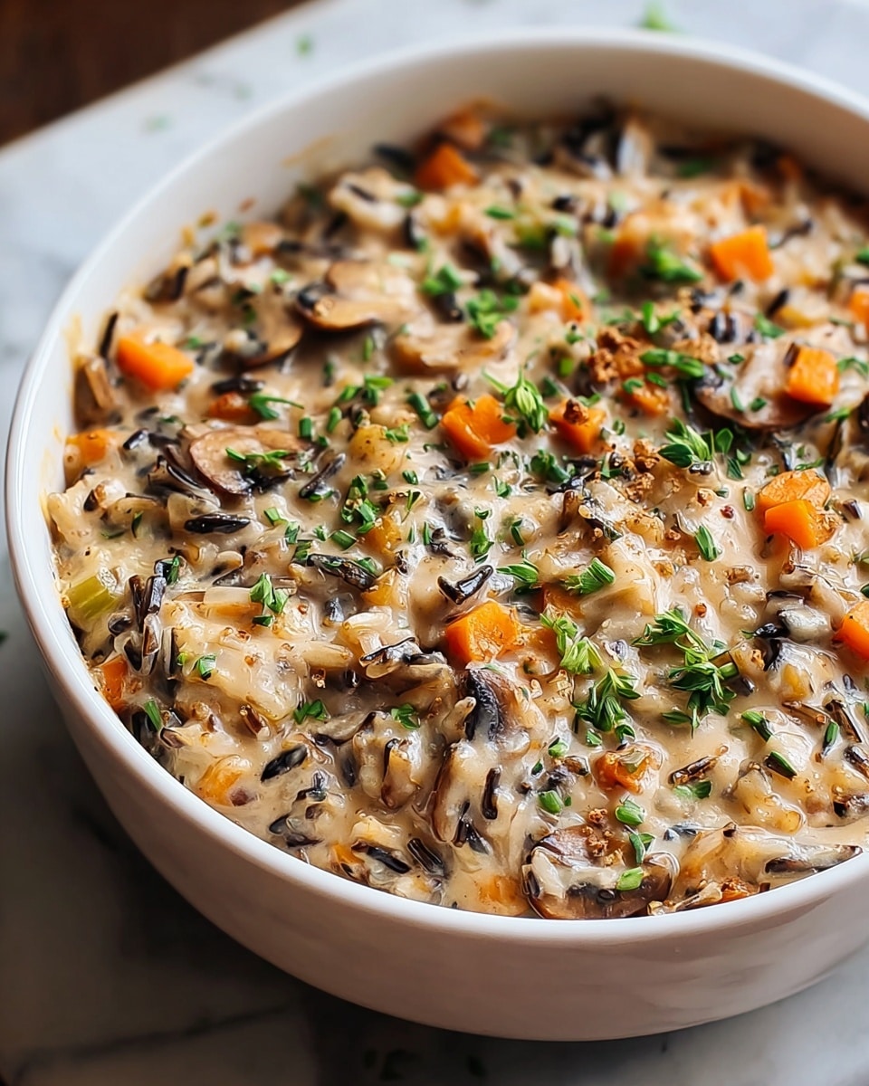 A close-up of a creamy rice dish in a white round ceramic baking dish filled with one visible thick layer. The dish contains mixed rice with pieces of orange carrot slices, brown mushrooms, and bits of green herbs sprinkled on top. The rice and vegetables are covered in a smooth, pale beige creamy sauce with a slight golden baked top edge. The baking dish sits on a light brown cloth placed on a white marbled surface. photo taken with an iphone --ar 4:5 --v 7