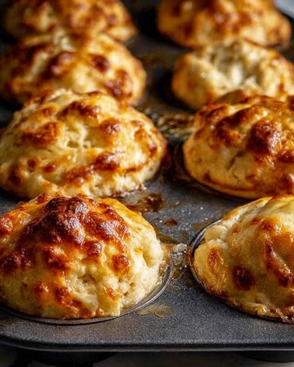The image shows close-up baked cheesy muffins in a dark muffin pan. Each muffin has a golden-brown crispy top layer of melted cheese with some browned spots, giving a bubbly and slightly crunchy texture. The muffin’s base is lighter in color, soft and fluffy, visible in some muffins where cheese is slightly spread out. The dark muffin pan contrasts with the warm colors of the muffins. Photo taken with an iphone --ar 4:5 --v 7