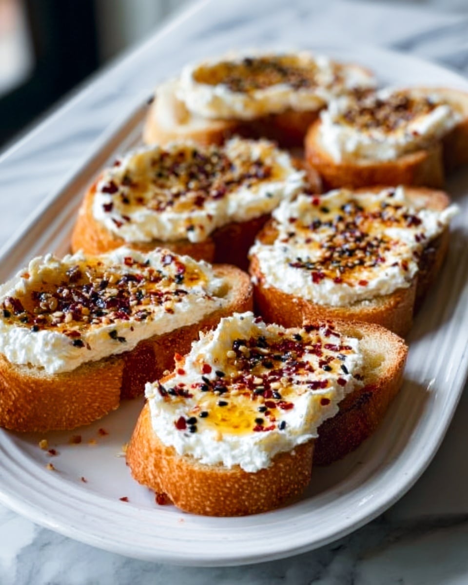A white oval plate holds six slices of toasted bread, each topped with a thick layer of soft white cheese that appears creamy and slightly fluffy. On top of the cheese, there is a drizzle of golden honey sprinkled with red pepper flakes and chia seeds, creating a contrast of bright yellow, white, red, and black colors. The toasts are arranged close together, filling the plate, which is set on a white marbled surface. The background is softly blurred, suggesting a cozy indoor setting. Photo taken with an iphone --ar 4:5 --v 7
