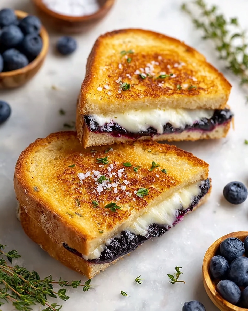 The image shows a grilled sandwich cut into two halves on a white marbled surface. Each half has two toasted golden-brown bread slices with a slightly crispy texture and oats around the crust. Inside the sandwich, there is a melted, creamy white cheese layer with visible gooey texture, and underneath it, a layer of dark purple blueberry filling with some whole blueberries peeking out. On top of the sandwich pieces, there are coarse sea salt flakes and small green thyme sprigs scattered. Nearby, fresh blueberries and extra thyme sprigs are placed, with two small wooden bowls holding blueberries and coarse salt in the background. Photo taken with an iphone --ar 4:5 --v 7