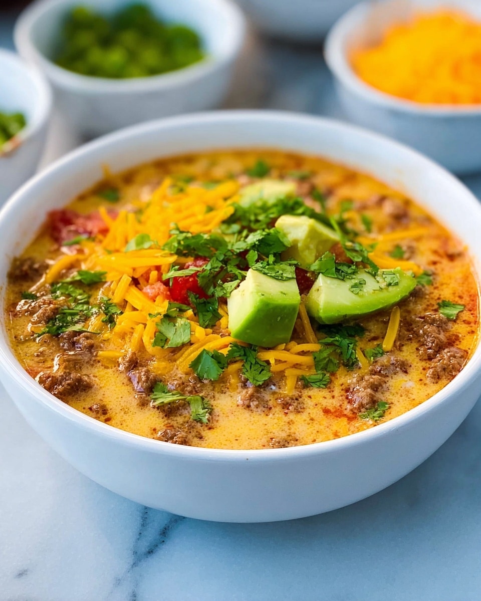 A white bowl filled with a thick, creamy soup that has a light tan color with small darker brown bits of ground meat throughout. On top, there are fresh bright green avocado slices and a sprinkle of shredded yellow cheddar cheese. Some green herbs, likely cilantro, are scattered on the surface along with small red pieces, possibly tomato, adding a pop of color. The bowl is set on a white marbled surface with small white bowls of shredded cheese and green slices blurred in the background. Photo taken with an iphone --ar 4:5 --v 7