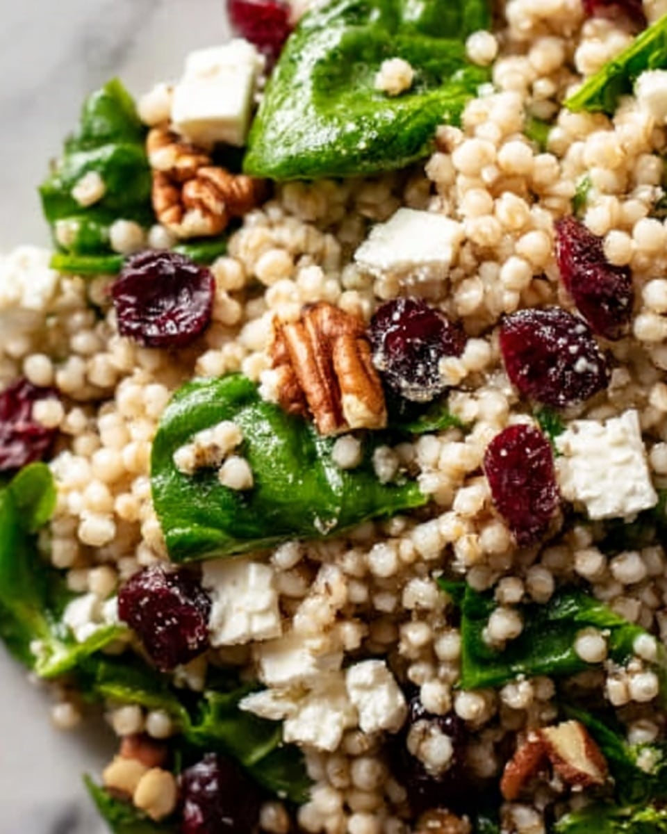 This close-up image shows a fresh, colorful salad featuring several layers and textures. The main layer is made of small, pale beige grains that look soft and cooked, mixed with bright green leafy vegetables. Scattered on top are shiny, dark red dried berries and small, light brown nuts that add crunch. There are also chunks of creamy white cheese that stand out against the grains and greens. Everything is set against a white marbled surface, with natural light highlighting the freshness and textures of the ingredients. Photo taken with an iphone --ar 4:5 --v 7