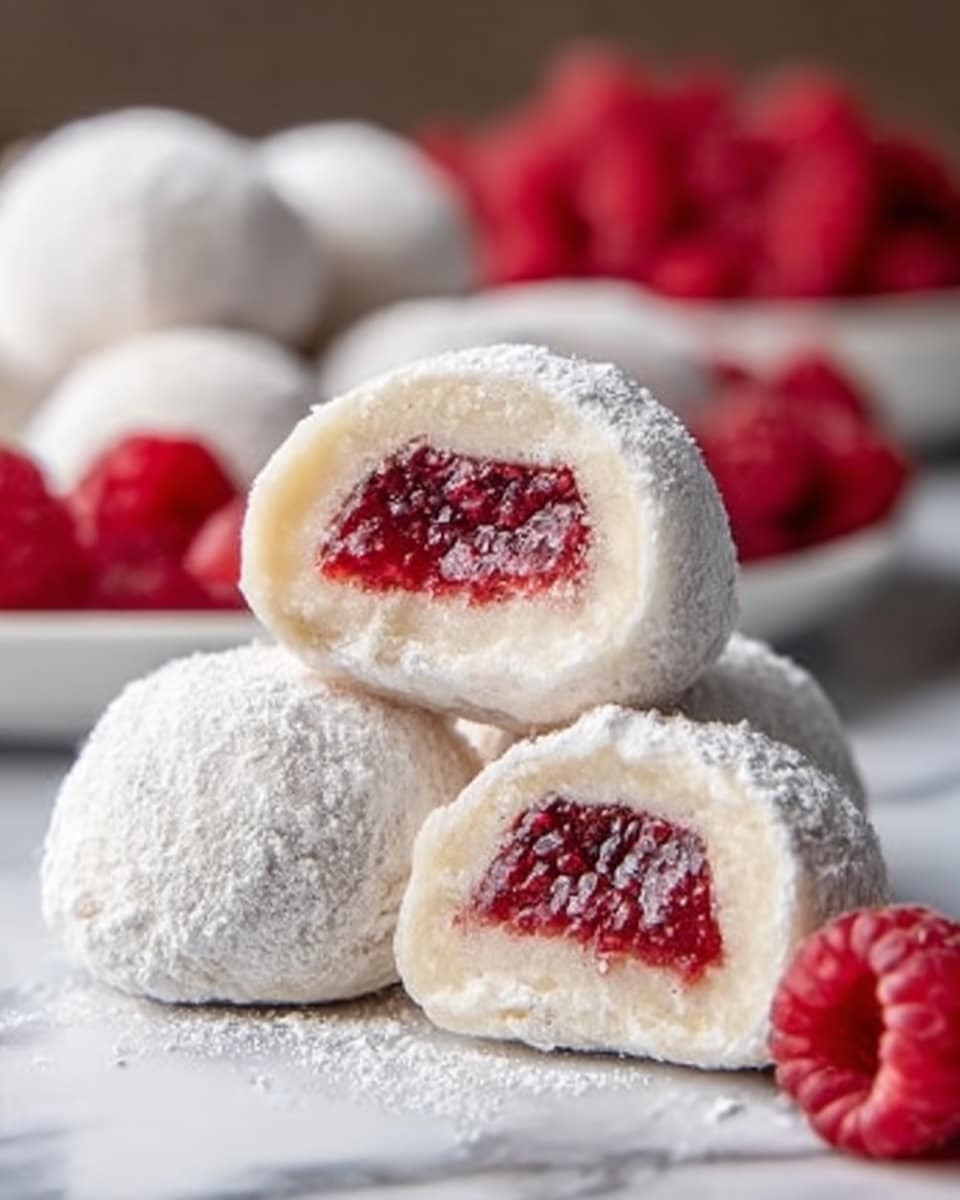 The image shows a close-up of three round cookies with a soft, powdered sugar coating on a white marbled surface. Two whole cookies with a snowy white dusting sit at the bottom, while one is split open and placed on top, revealing a bright red raspberry filling inside. A white bowl filled with fresh raspberries is blurred in the background, adding a pop of color. The cookies have a smooth, slightly cracked texture under the sugar. Photo taken with an iphone --ar 4:5 --v 7
