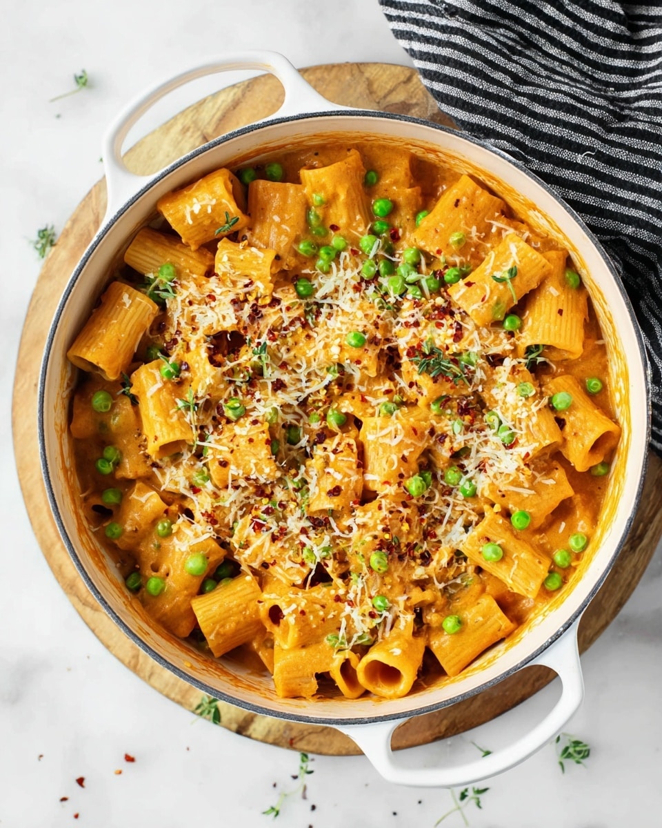 A white round pan filled with a creamy orange sauce with rigatoni pasta tubes layered evenly throughout. Bright green peas are mixed throughout the rigatoni, adding pops of color. On top, a line of grated pale yellow cheese is spread down the center of the dish, with red pepper flakes sprinkled around the cheese and parts of the sauce. The pan rests on a wooden board, and a black and white striped cloth is placed near the handle, all set on a white marbled surface. photo taken with an iphone --ar 4:5 --v 7