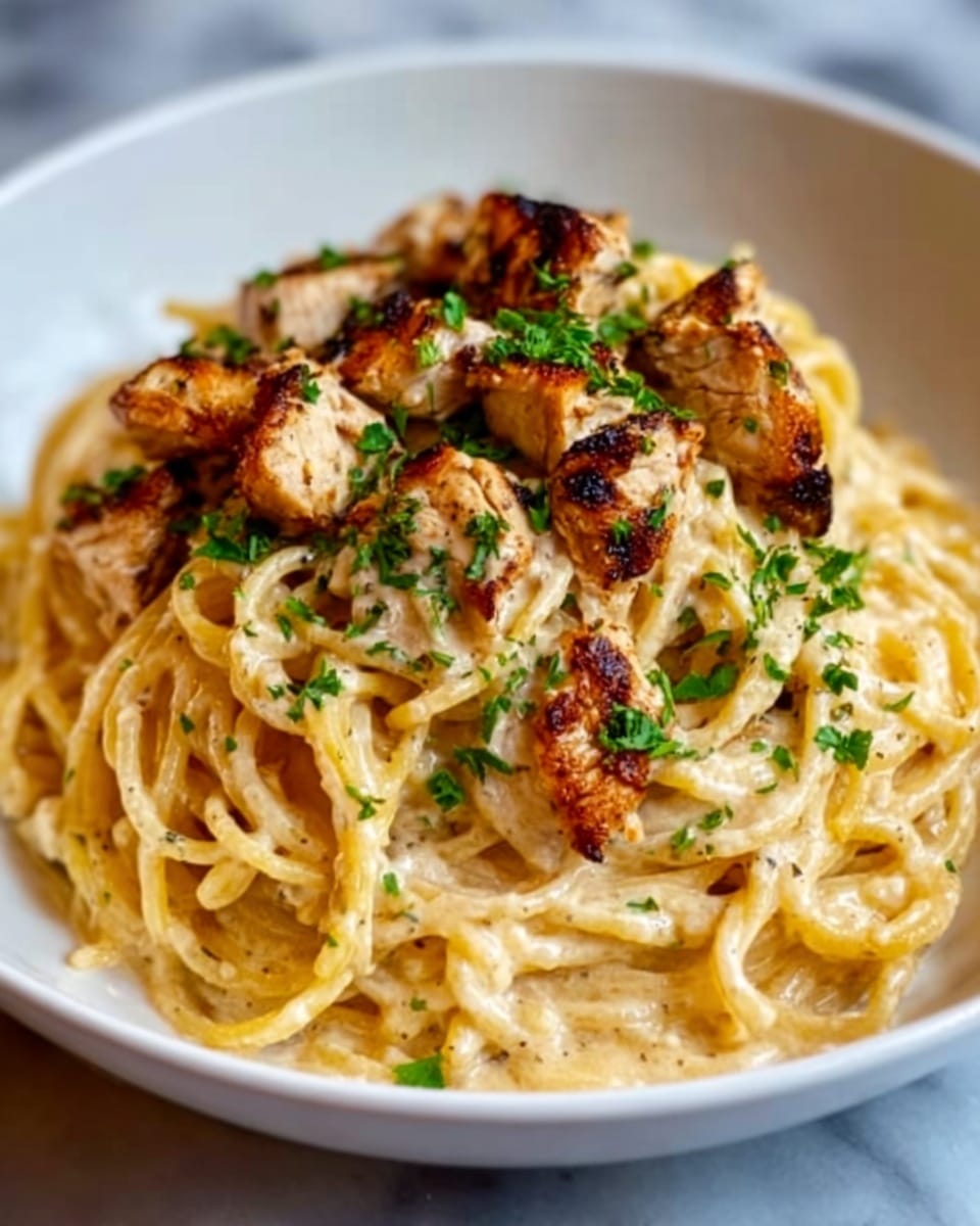 A white bowl filled with creamy pasta topped with grilled chicken pieces. The pasta is golden yellow and coated in a thick cream sauce with a smooth, slightly glossy texture. The grilled chicken pieces are light brown with some darker char marks and look tender, scattered over the pasta. Small green herb leaves are sprinkled on top as garnish. The bowl sits on a white marbled surface. photo taken with an iphone --ar 4:5 --v 7