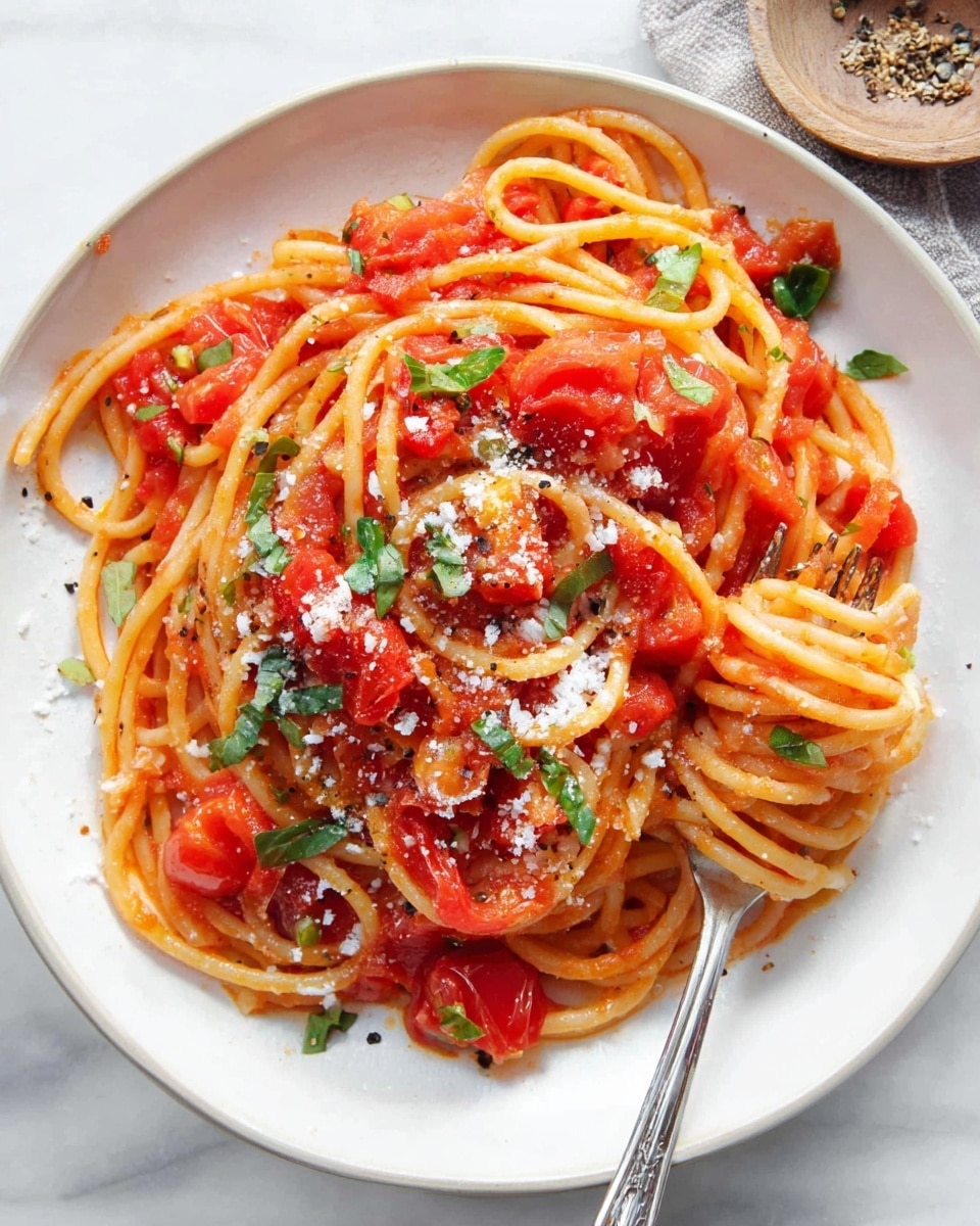A white textured plate holds a serving of spaghetti pasta coated in a bright red tomato sauce with chunks of cooked tomatoes mixed throughout. Fresh green basil pieces are scattered on top along with small white shreds of cheese. A fork twirls some spaghetti on the right side of the plate. The background shows a white marbled surface. Photo taken with an iphone --ar 4:5 --v 7