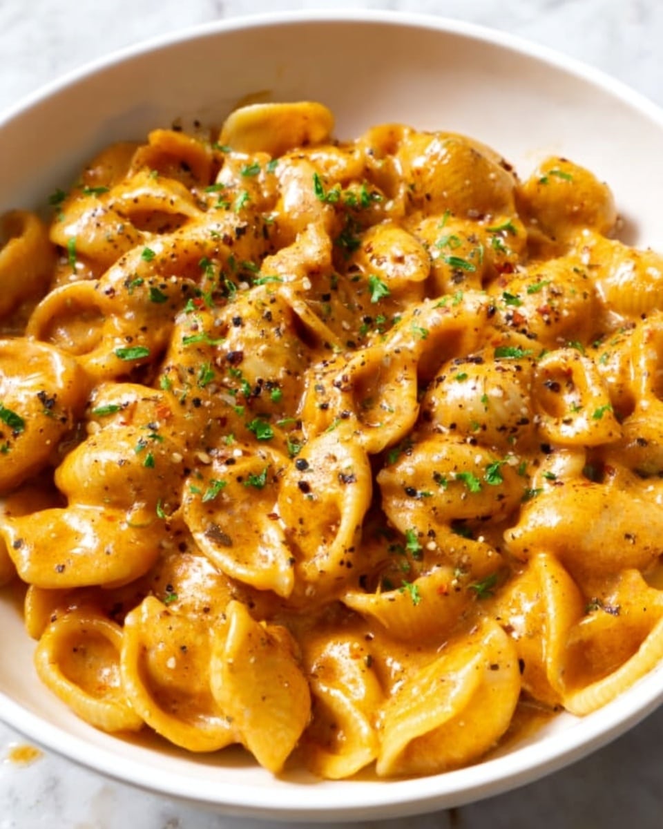 A white bowl filled with creamy pasta covered in a thick orange-brown sauce. The pasta pieces are shell-shaped and fully coated with the sauce that has a smooth, slightly glossy texture. Small green parsley bits are sprinkled evenly on top, adding a touch of color. The sauce has visible black pepper and herb specks, giving it a rich appearance. A spoon is partially visible on the right side inside the bowl, with some sauce clinging to it. The bowl sits on a white marbled surface. photo taken with an iphone --ar 4:5 --v 7