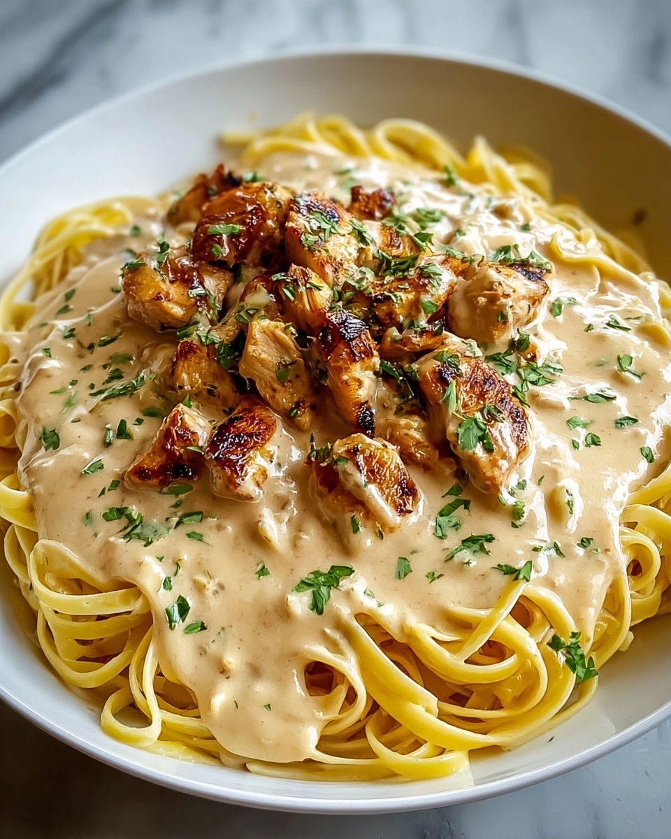 A white plate holds a serving of spaghetti pasta as the bottom layer, showing long, smooth, yellow strands that are slightly glossy. On top of the pasta lies a thick creamy sauce with a light beige color and a smooth, rich texture. Scattered across the sauce are pieces of grilled chicken, browned with a slightly crispy exterior, showing darker char marks and a tender inside. The dish is garnished with small sprinkles of fresh green herbs, adding a pop of color and freshness. The plate sits on a white marbled surface. photo taken with an iphone --ar 4:5 --v 7