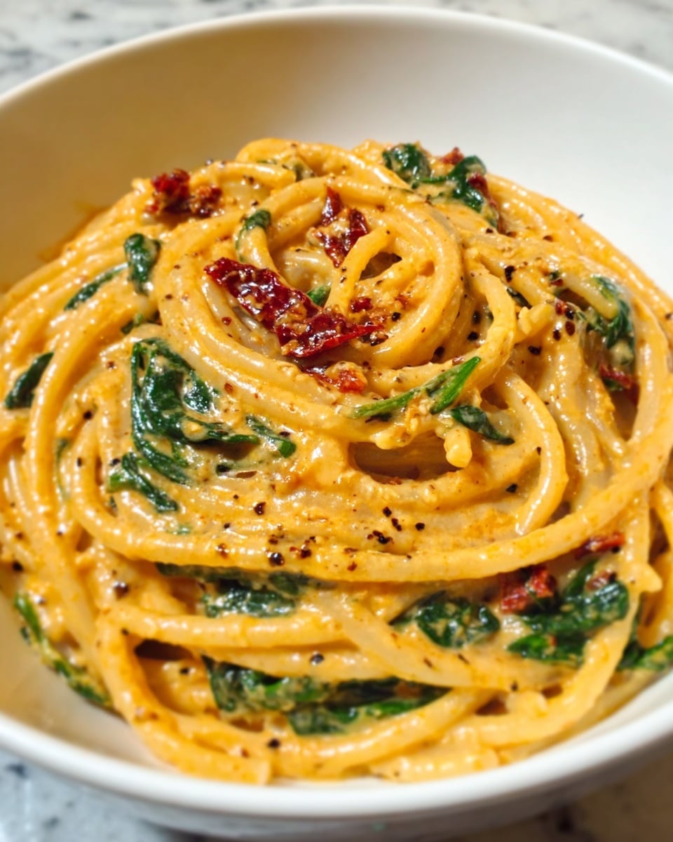A close-up view of creamy spaghetti pasta served in a white bowl, showing thick noodles twisted and coated in a rich orange-yellow sauce mixed with bits of green spinach leaves and dark red sun-dried tomatoes. The sauce has visible black pepper and fine herb specks, giving it a textured, slightly glossy look. The bowl sits on a white marbled texture surface. photo taken with an iphone --ar 4:5 --v 7