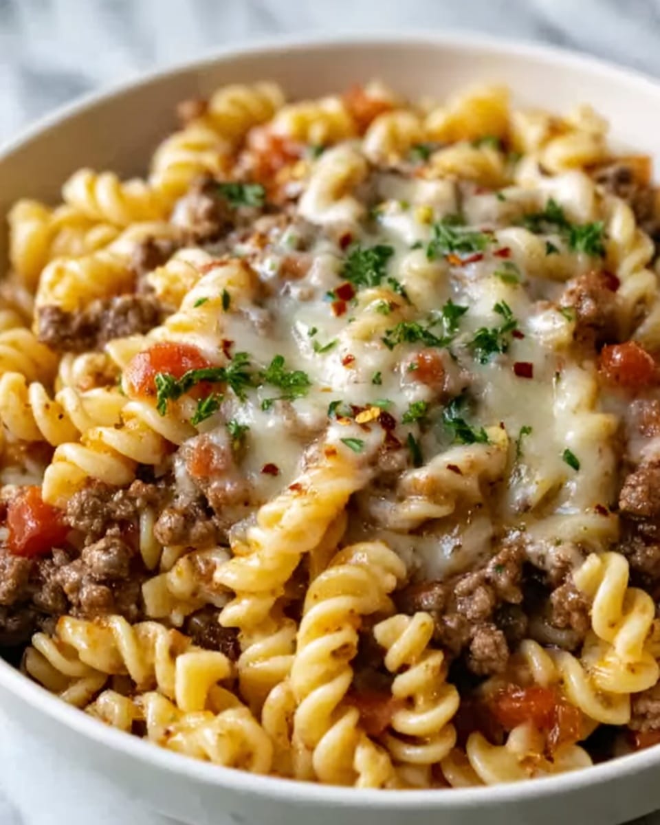 The image shows a white bowl filled with curly pasta coated in a light yellow cheese sauce. On top, there are small pieces of cooked ground beef mixed with tiny bits of red tomato. The beef is covered with melted white cheese, slightly browned and stretchy. Small green herbs are sprinkled lightly across the top, adding a fresh touch. The bowl sits on a white marbled surface. photo taken with an iphone --ar 4:5 --v 7