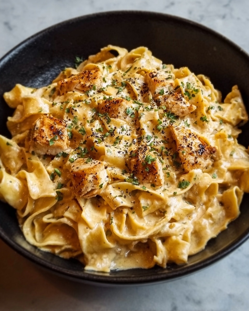 A close-up of a bowl filled with creamy pasta, showing flat, ribbon-like noodles coated in a thick, light beige sauce. Pieces of grilled chicken with a slightly browned color sit on top, scattered evenly across the dish. The pasta is sprinkled with small green herbs that add a touch of color. The bowl is white and smooth, resting on a white marbled surface. The lighting highlights the creamy texture and the slight gloss of the sauce, making the dish look warm and inviting. photo taken with an iphone --ar 4:5 --v 7