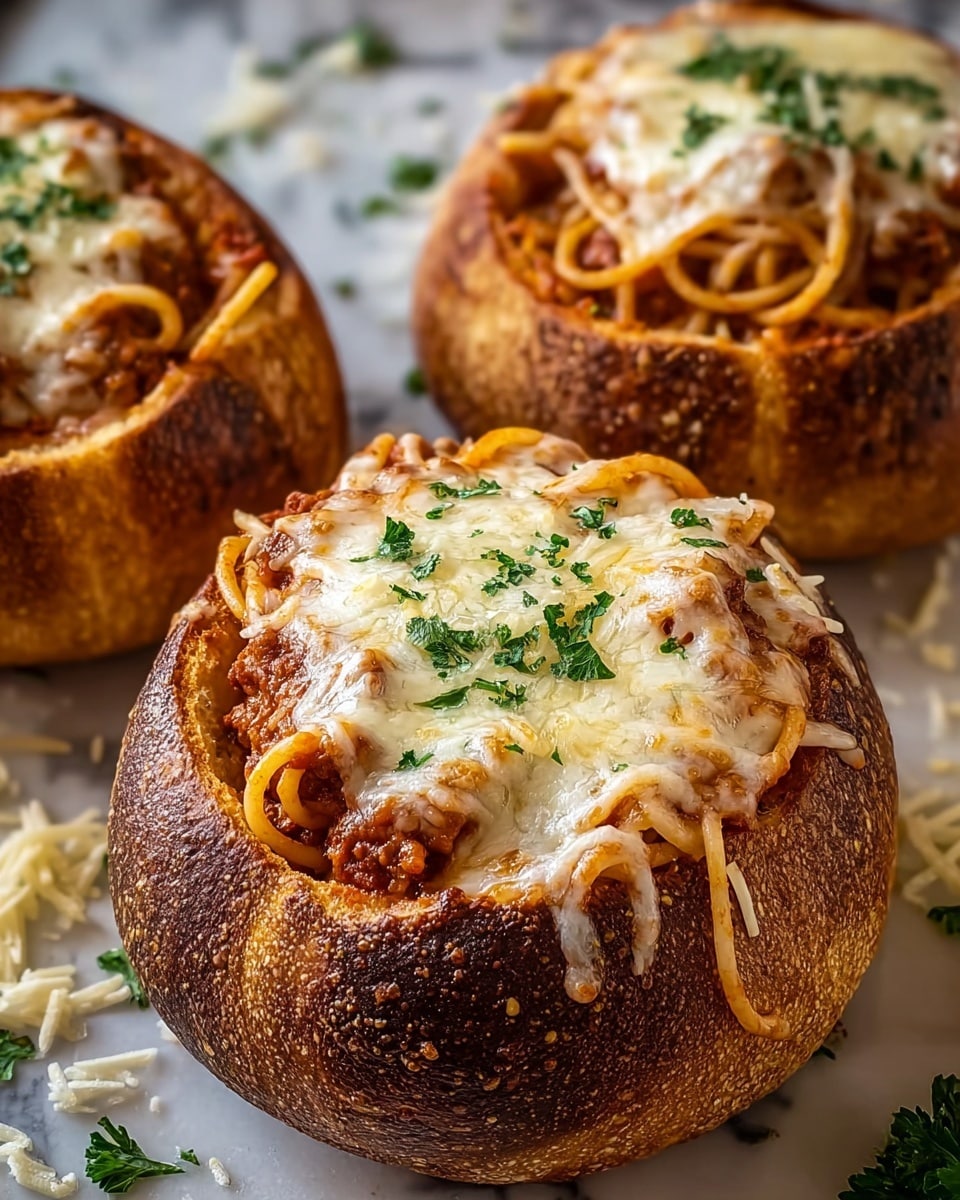 The image shows three round, hollow bread bowls filled with spaghetti and meat sauce, topped with melted cheese and sprinkled with chopped green herbs. The bread bowls have a golden-brown crust with a slightly crispy texture. Inside, the spaghetti noodles are coated in a red meat sauce, and the cheese layer on top is bubbly and browned in spots. Some spaghetti strands hang over the edge of the bread bowl, adding to the inviting look. The background features a white marbled texture surface with some scattered herbs. photo taken with an iphone --ar 4:5 --v 7