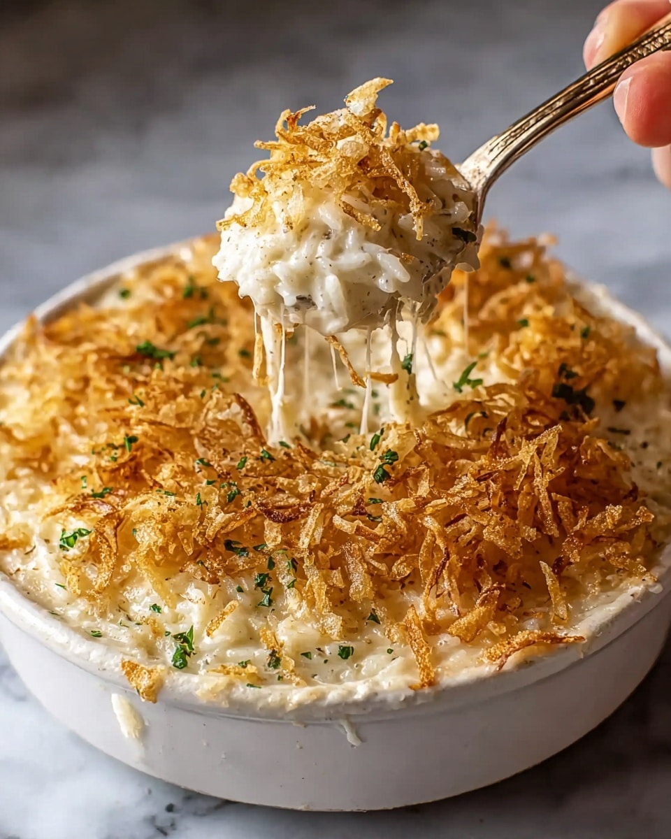 A close-up view of a white round baking dish filled with creamy rice topped with a golden-brown crispy layer of thinly shredded fried onions. The dish has a thick, creamy off-white base of cheesy rice mixed with herbs, and a slightly browned, crunchy onion topping that covers the surface evenly. A golden spoon lifts a scoop from the center, showing stretchy melted cheese strings connecting the scoop to the dish, with the crispy onion pieces on top and green herb bits sprinkled inside the rice. The background is a white marbled texture. photo taken with an iphone --ar 4:5 --v 7