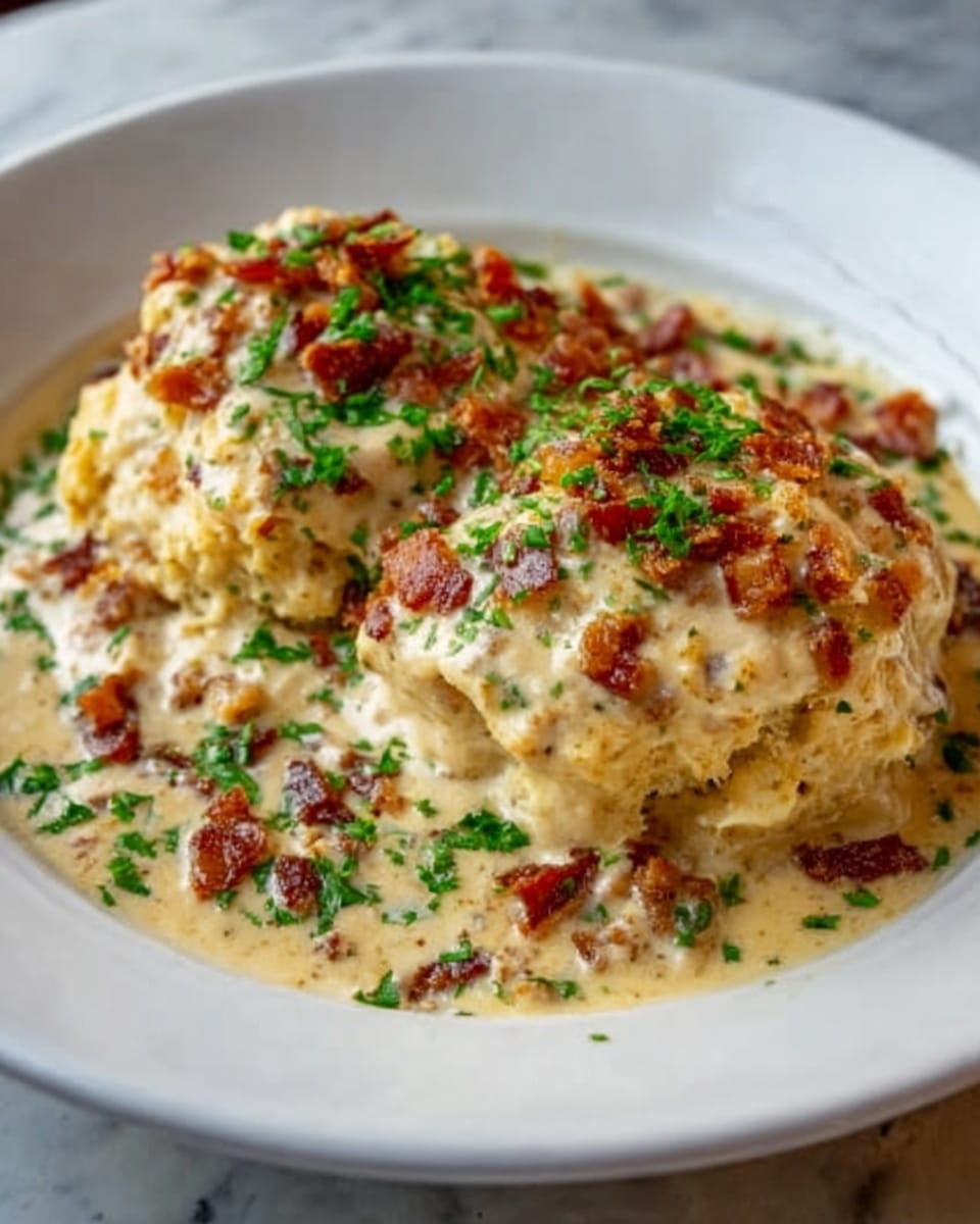 A white plate holds a large serving of biscuits and gravy with a thick, creamy white sauce covering the golden-brown biscuits. Small pieces of crispy bacon bits and finely chopped green herbs are sprinkled on top and scattered around the sauce. The biscuits have a rough, crumbly texture with some parts slightly browned. The sauce is smooth and covers the base, mixing with the biscuits under a soft light. The background is a white marbled surface. Photo taken with an iphone --ar 4:5 --v 7