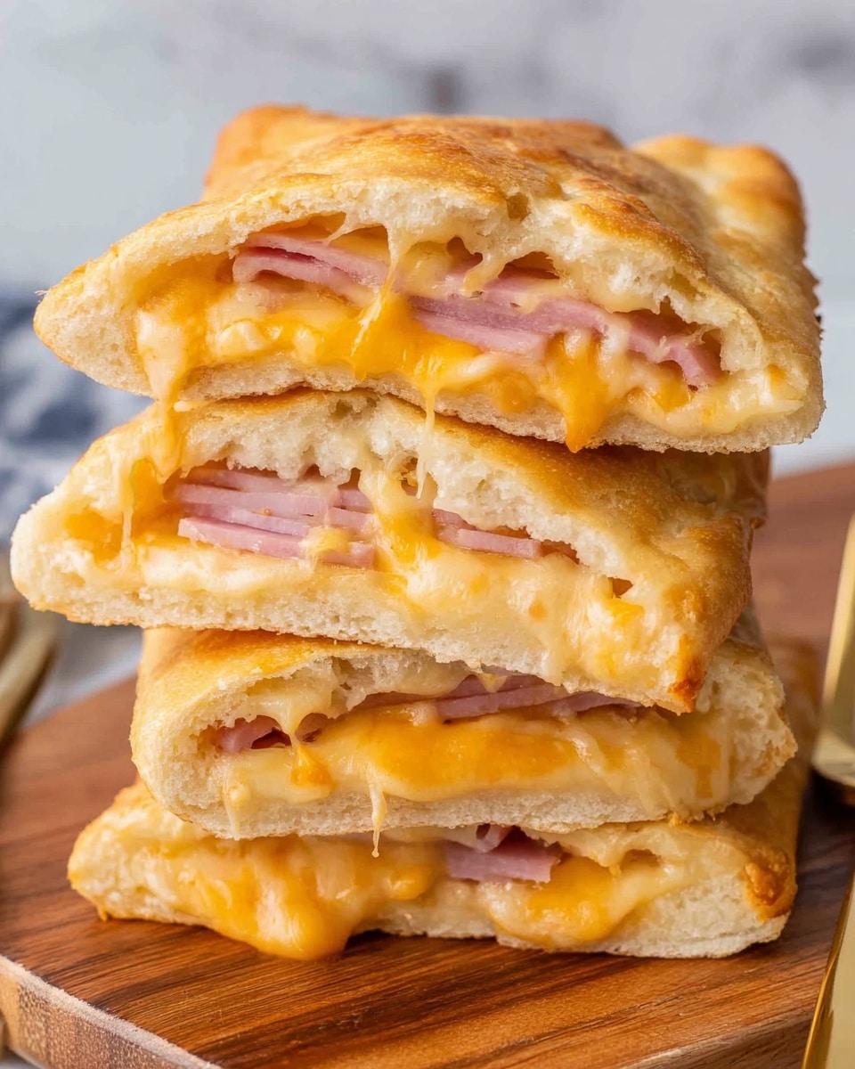 The image shows a stack of four soft, golden-brown calzones, each sliced open to reveal the inside layers. The outer dough is light tan and slightly crispy on the edges, with a soft texture inside. Inside each calzone is a thick layer of melted cheddar cheese, bright orange and gooey, mixed with pieces of pink ham. The layers are clearly visible, with the warm cheese melting into the bread and ham scattered evenly throughout. The calzones are stacked on a wooden surface, with a light white marbled background behind. Photo taken with an iphone --ar 4:5 --v 7
