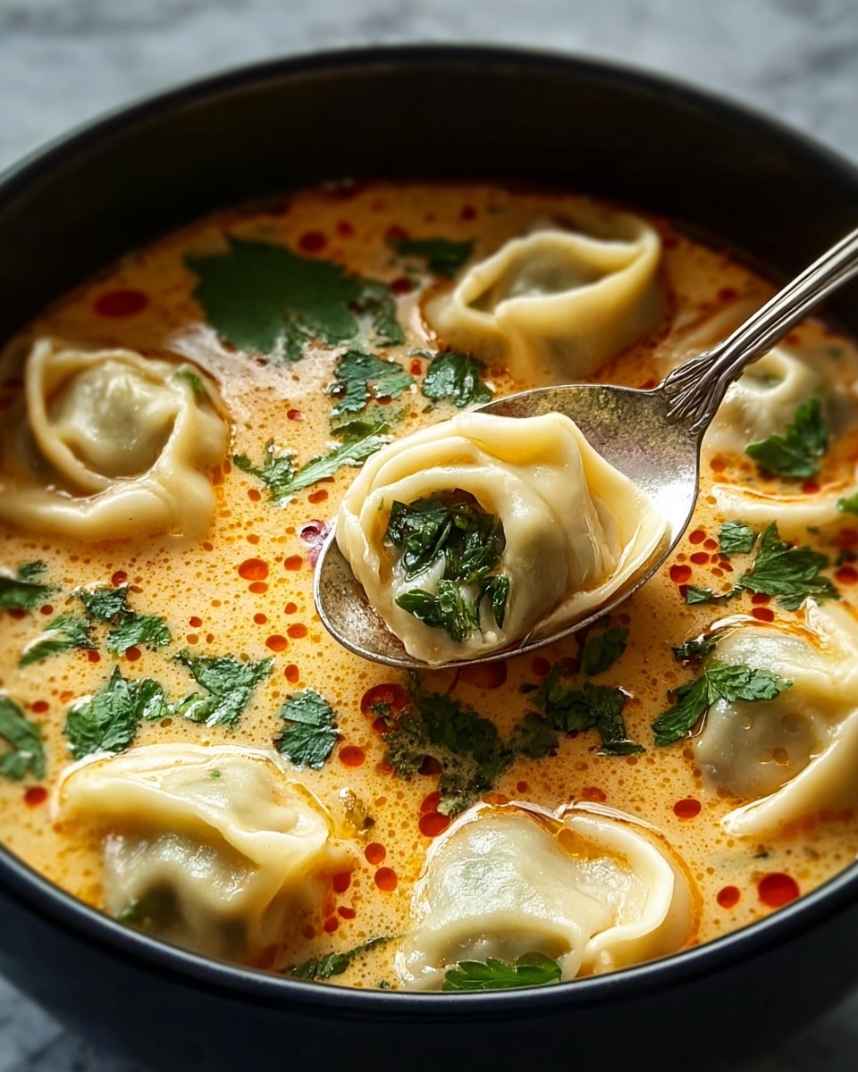 The image shows a black bowl filled with light orange creamy soup with small orange oil droplets floating on top. Inside the soup are multiple dumplings with a pale beige outer layer and a folded textured pattern. Some green fresh cilantro leaves float in the soup, adding a bright color contrast. A silver spoon lifts one dumpling out of the soup, showing the hollow center filled with chopped green cilantro. The close view highlights the creamy smooth texture of the soup and the soft surface of the dumplings, all set against a white marbled texture. photo taken with an iphone --ar 4:5 --v 7